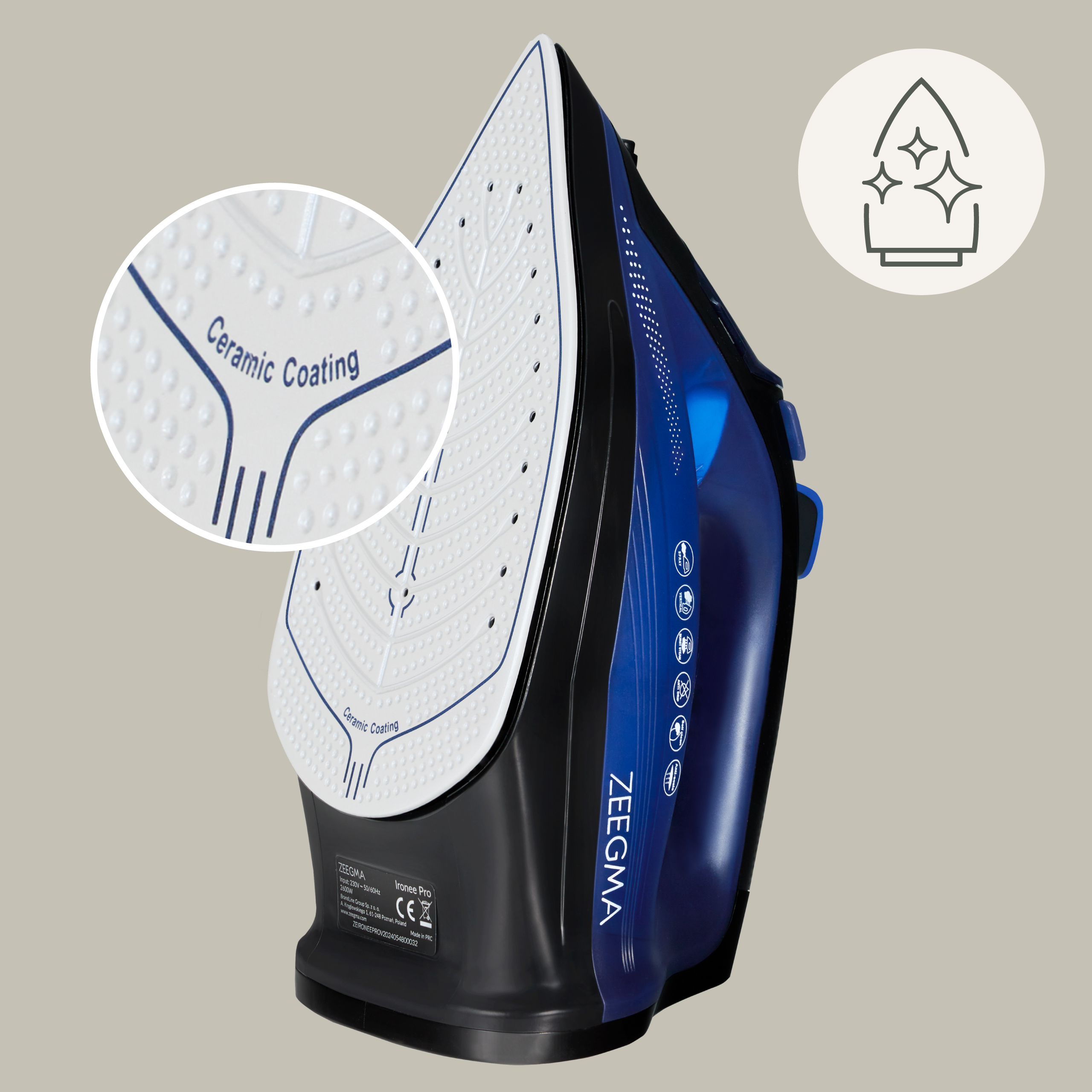 Blue and black iron with ceramic coating. Close-up shows soleplate and brand name.