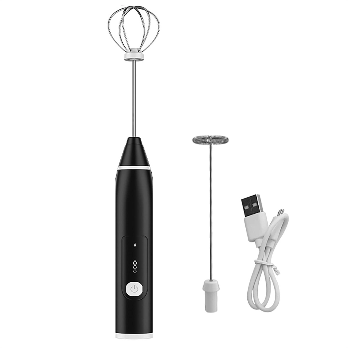 Schwarzer Milchaufschäumer mit zwei Aufsätzen und weißem USB-Ladekabel.