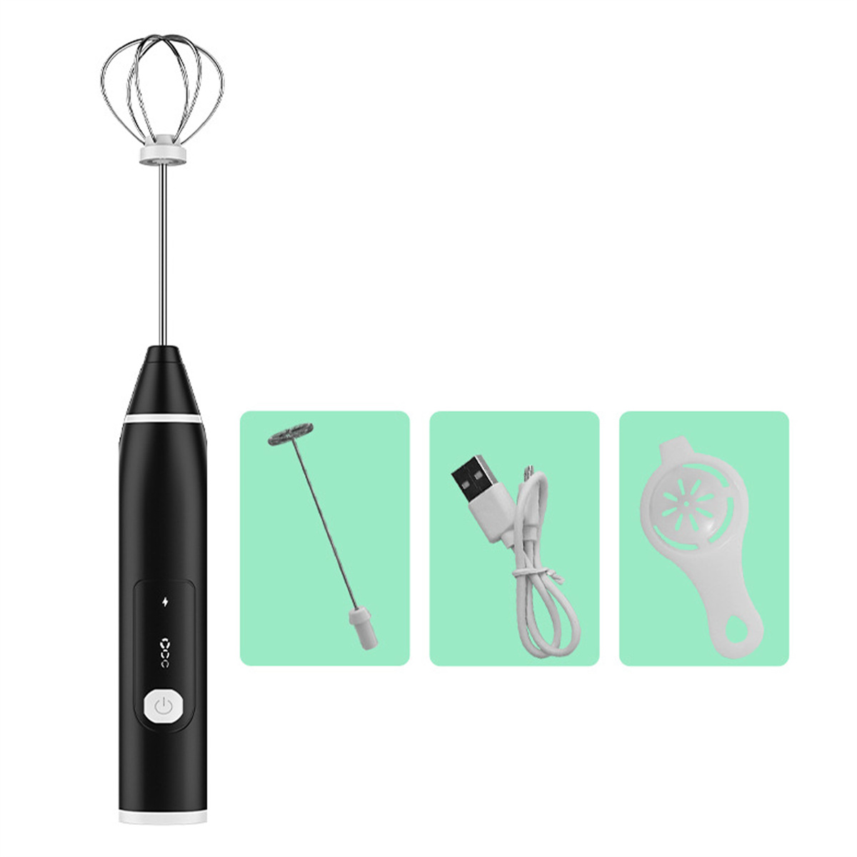 Ein schwarzer und silberner Handmixer mit drei zusätzlichen Aufsätzen: ein Schneebesen, ein USB-Kabel und ein Eiertrenner.