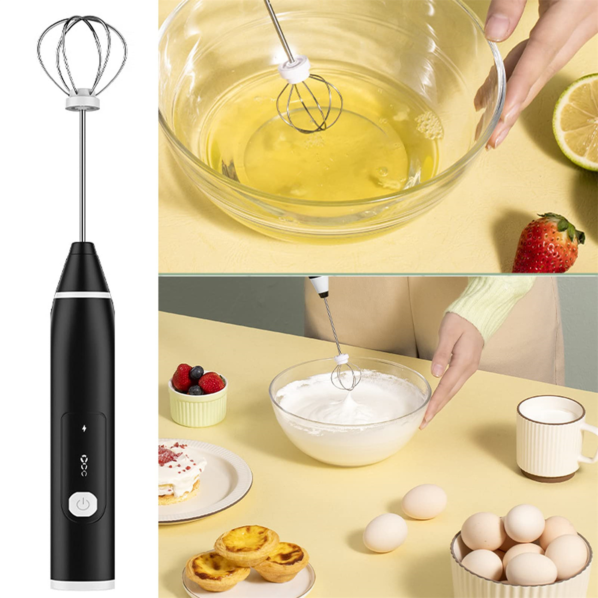 Elektrischer Mixer mit schwarzem Griff, Eiern und Schüsseln mit Zutaten, die gemischt werden, mit Kuchen und Dessert.