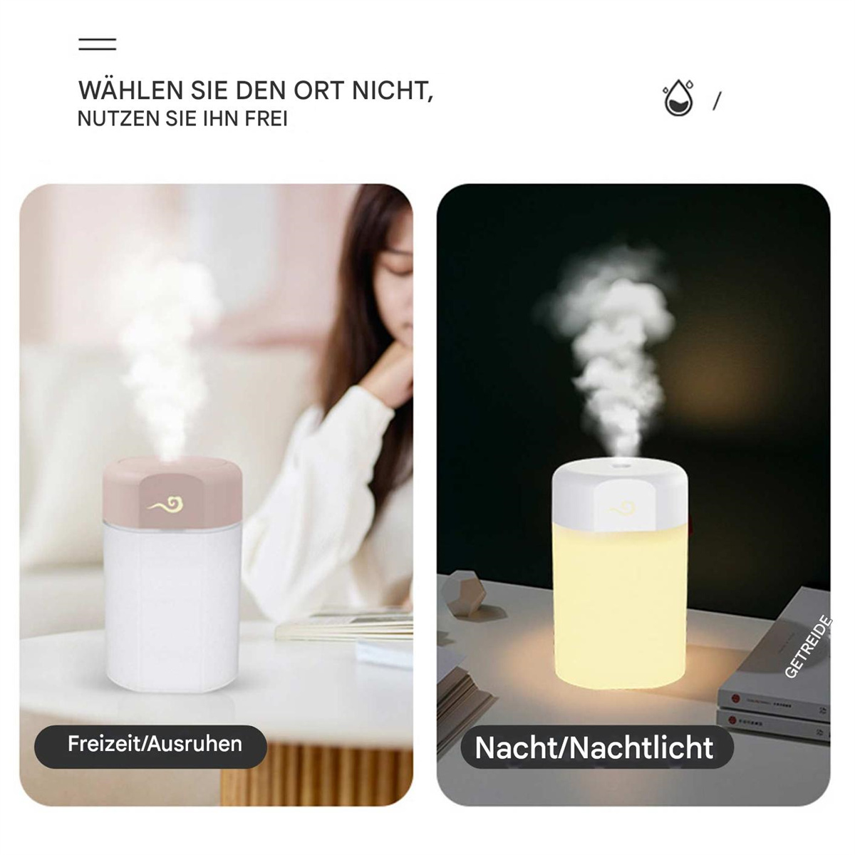 Zwei Luftbefeuchter. Einer ist in Betrieb, der andere nicht. Beide haben eine zylindrische Form und sind weiß und rosa.