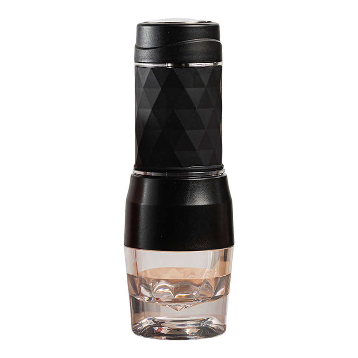 Schwarz-klarer Espressobereiter, zylindrische Form, Wasserstand sichtbar.