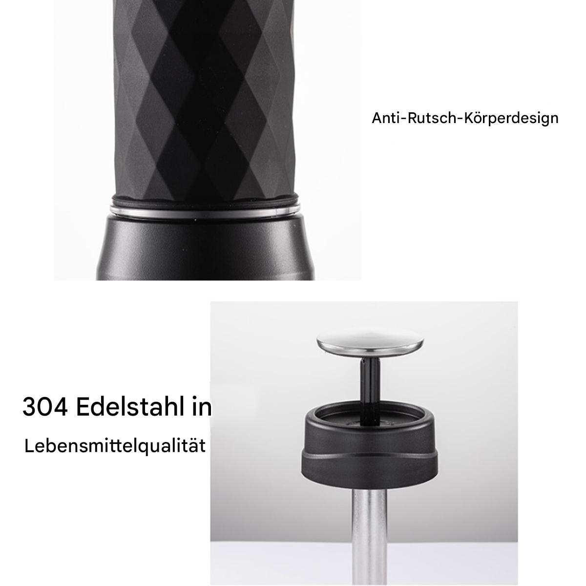 Zwei Bilder eines schwarzen Metallobjekts. Eines zeigt die Oberseite, das andere die Unterseite. Text deutet auf Edelstahl hin.