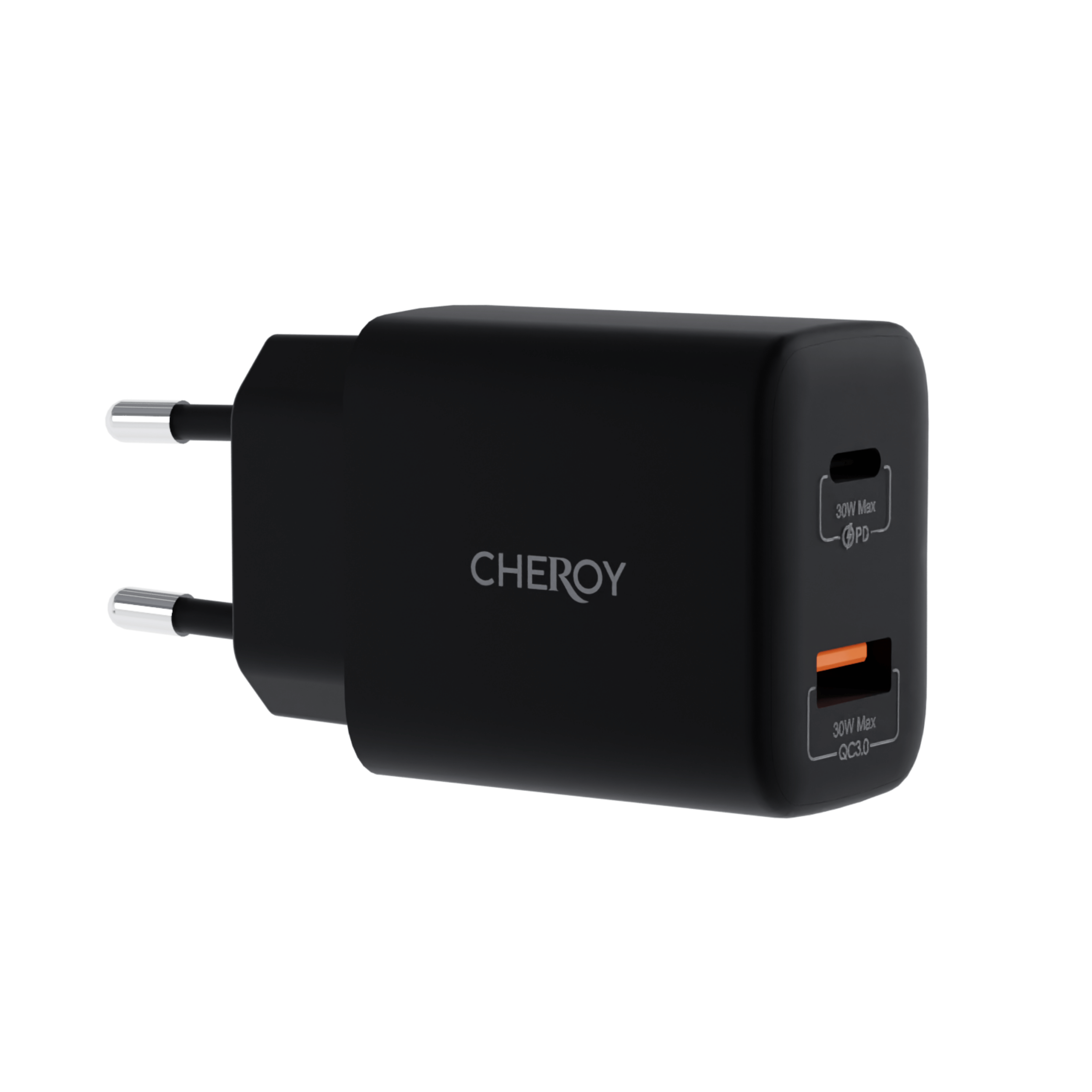 Schwarzes Wandladegerät mit zwei USB-Anschlüssen, 30W Max. CHEROY-Marke.