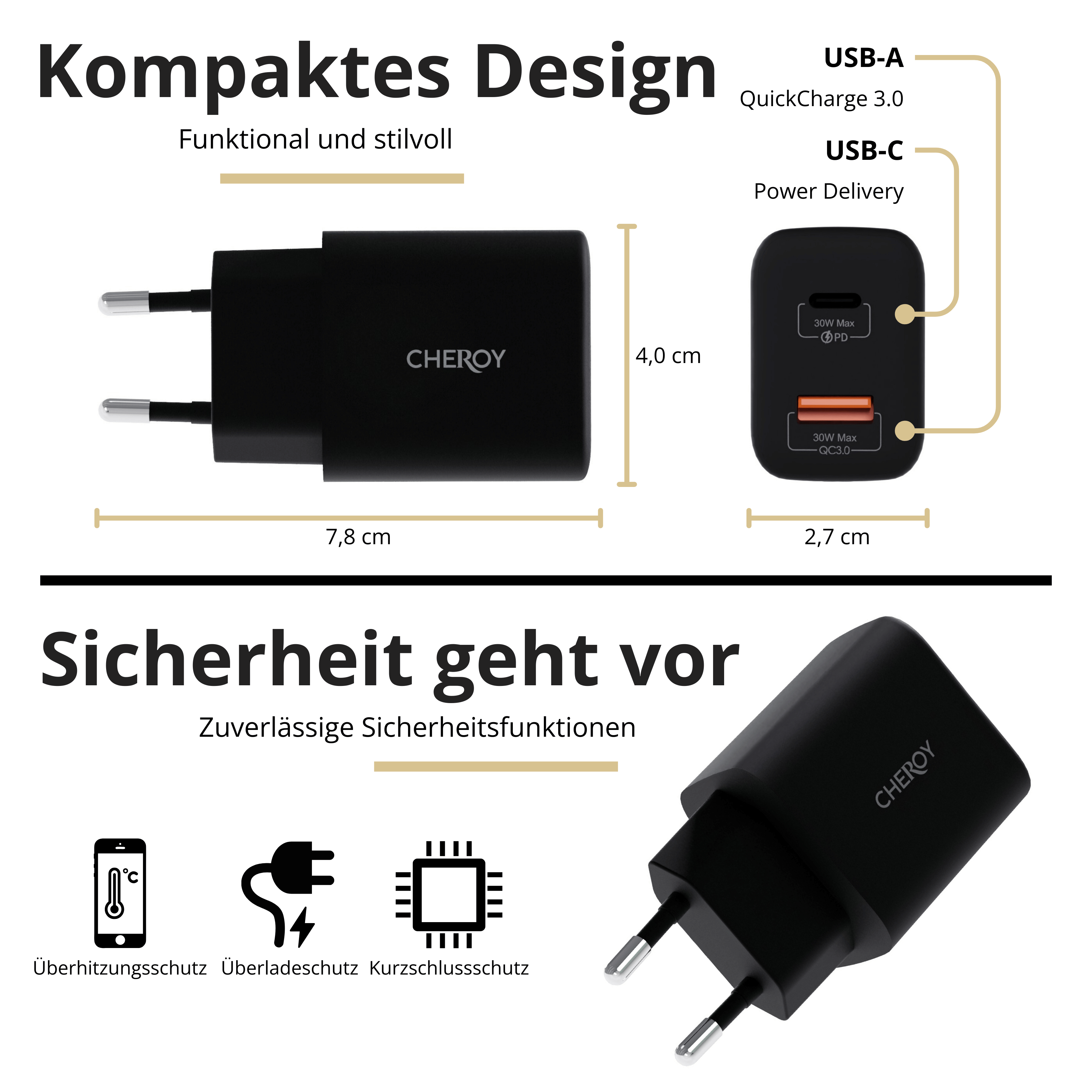 Schwarzes Ladegerät mit Abmessungen. Enthält USB-A- und USB-C-Anschlüsse. Textdetails Sicherheitsmerkmale.