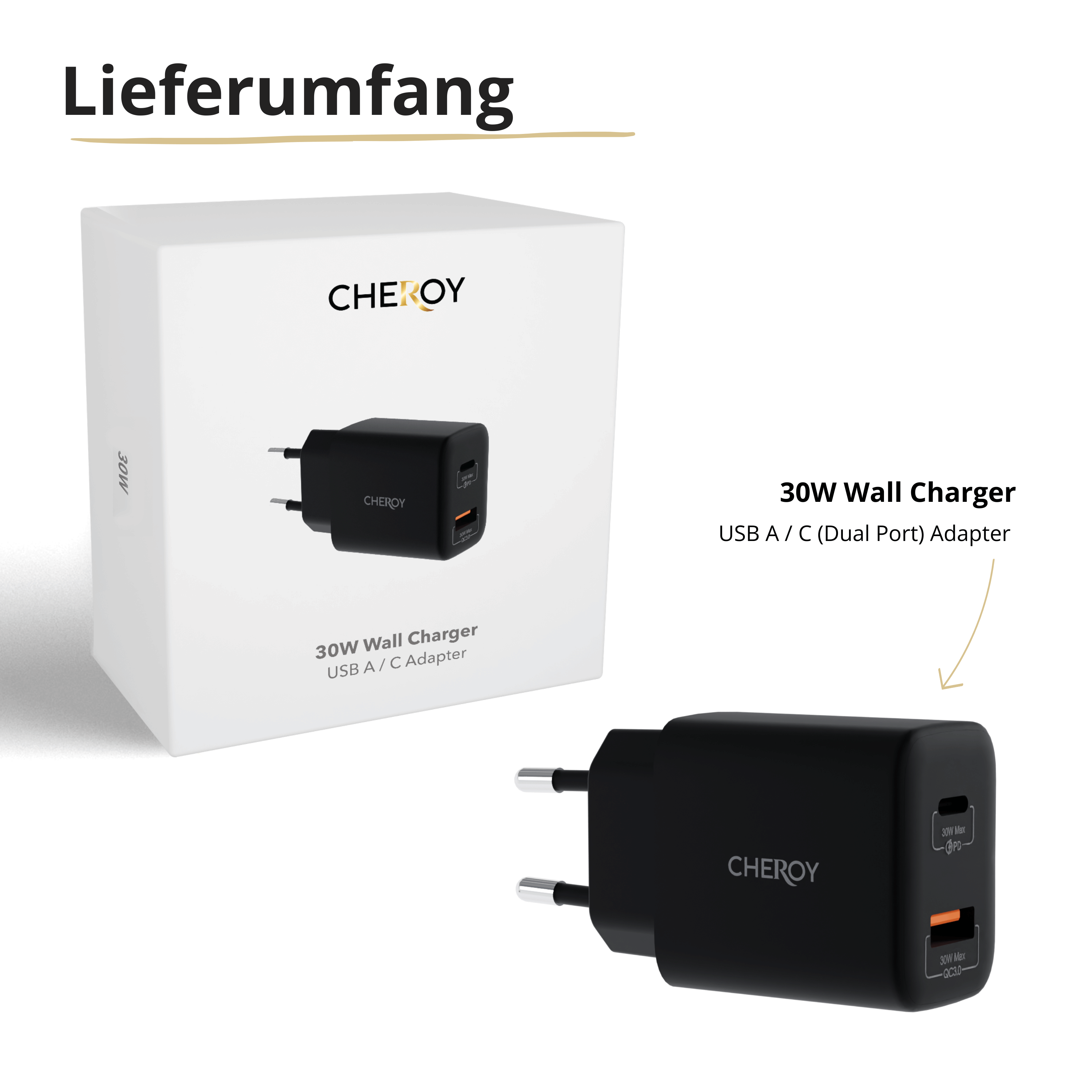 Ein schwarzes Ladegerät und eine weiße Box. Das Ladegerät ist ein 30W-Wandladegerät mit zwei USB-Anschlüssen.