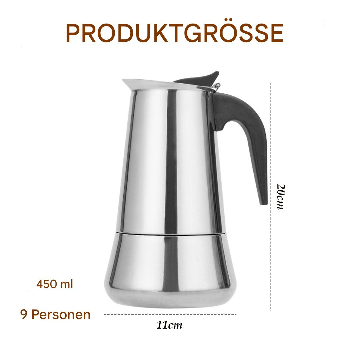 Ein silberner Kaffeebereiter aus Edelstahl mit schwarzem Griff. Maße und Fassungsvermögen sind angegeben.