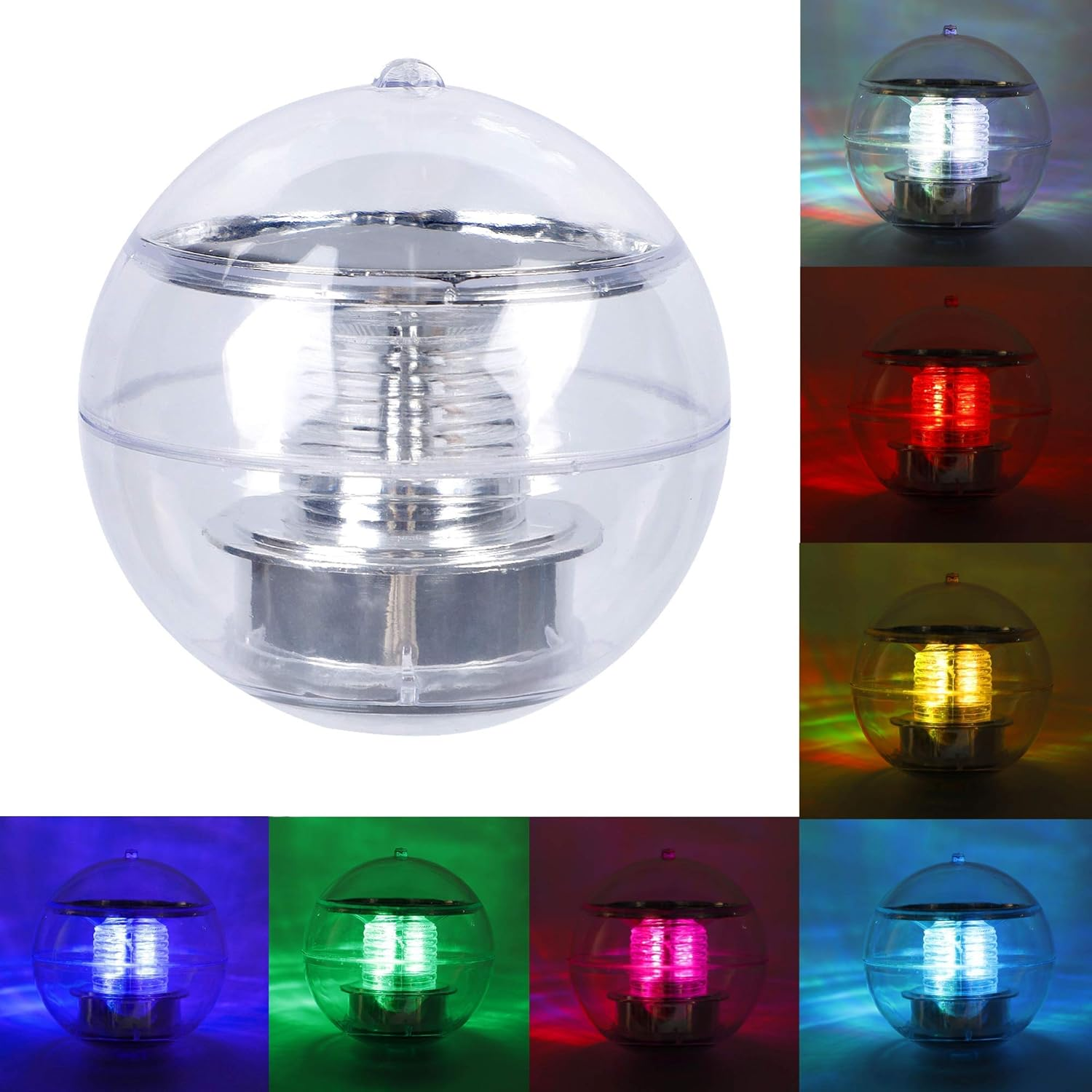 Ein klarer, schwimmender Globus mit einem Licht im Inneren. Verschiedene Farben werden in separaten Bildern gezeigt.