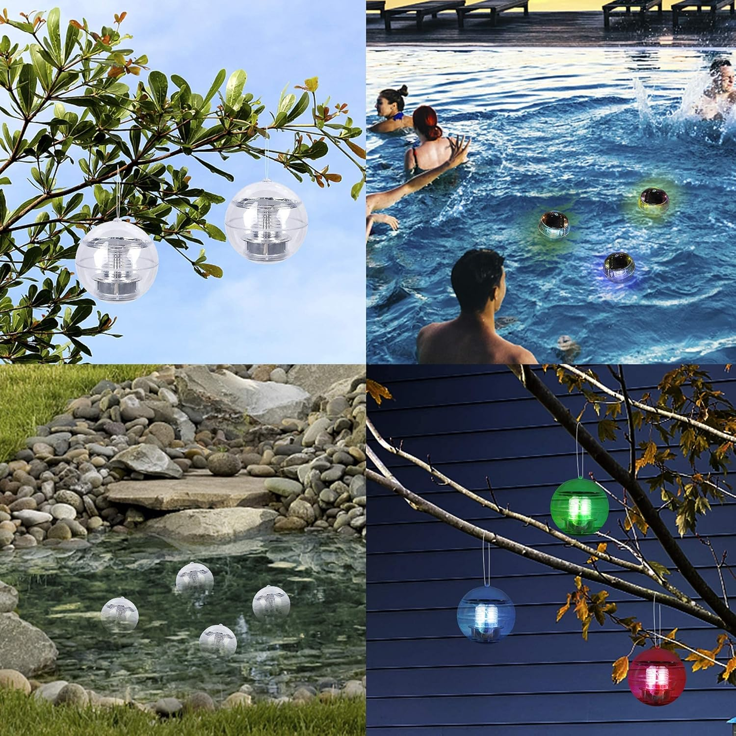 Eine Collage von Außenszenen mit schwebenden, leuchtenden Kugeln im Wasser und an Bäumen hängend.