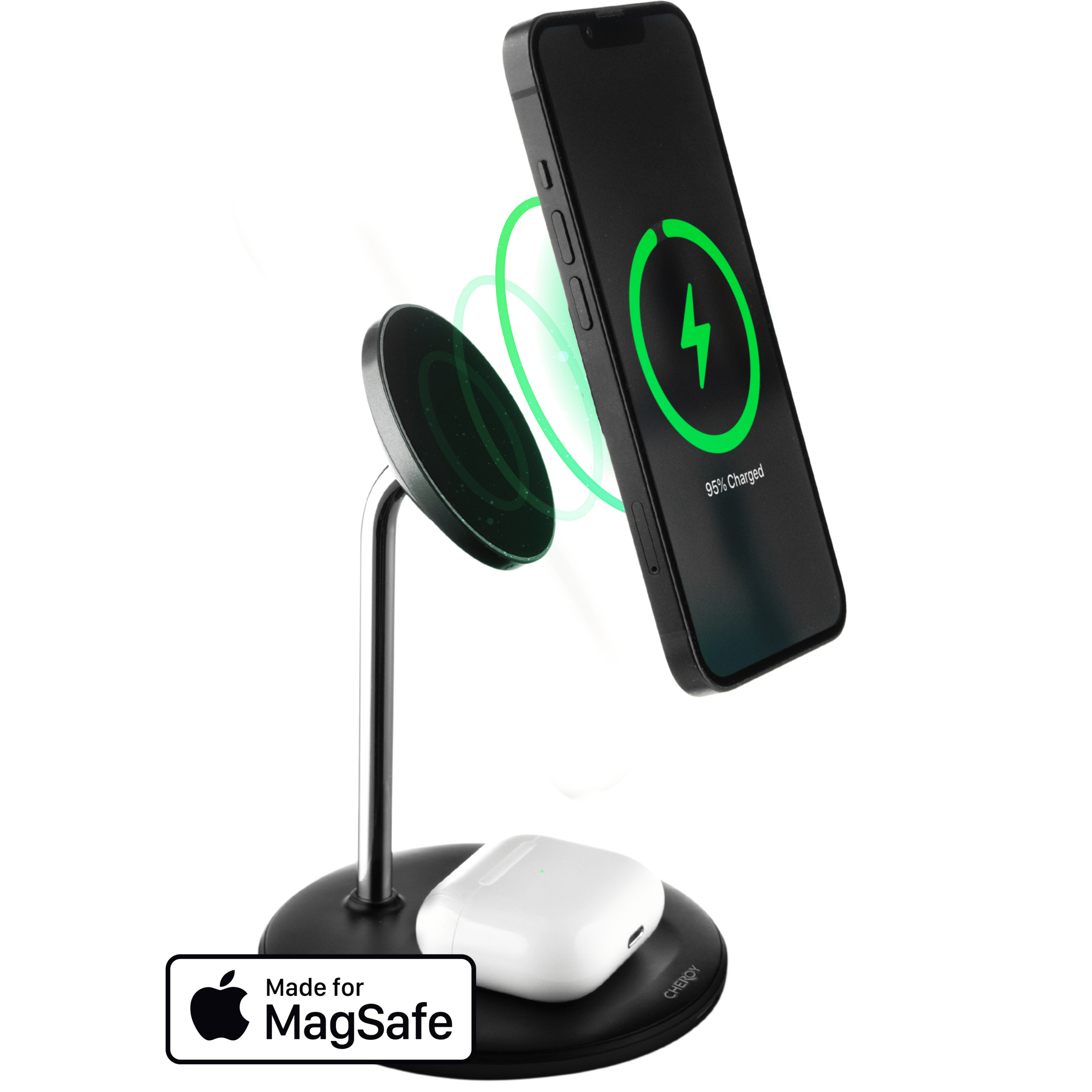 Telefon wird auf einem MagSafe-Ständer geladen. Weiße AirPods laden unten. Telefon zeigt grüne Ladeanzeige.