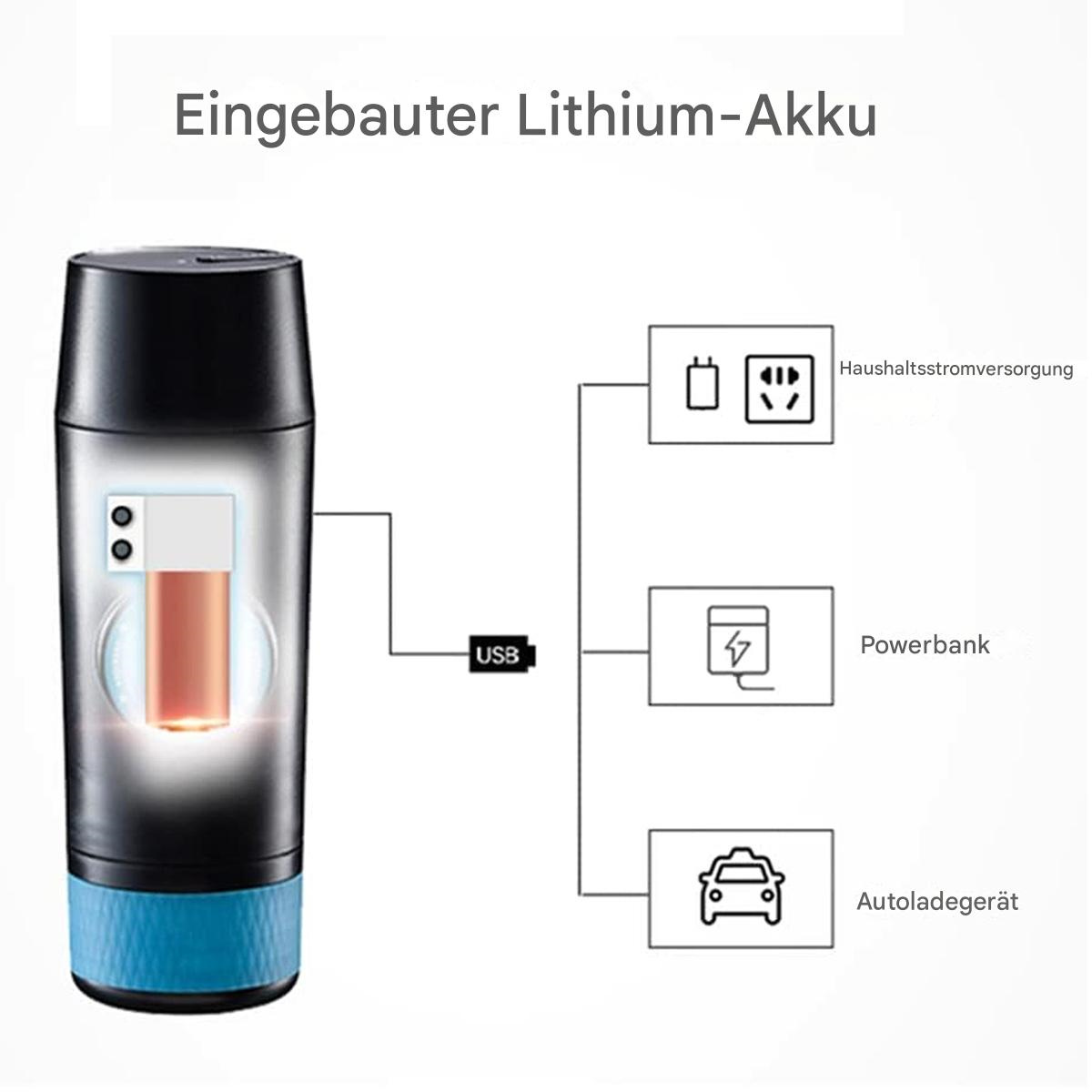 Diagramm einer schwarz-blauen Isolierflasche mit Akku und USB-Anschluss.