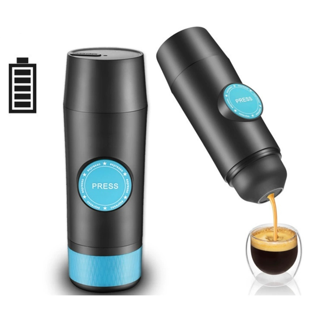 Zwei tragbare Espressomaschinen, eine gießt Espresso in ein Glas, auf Weiß.