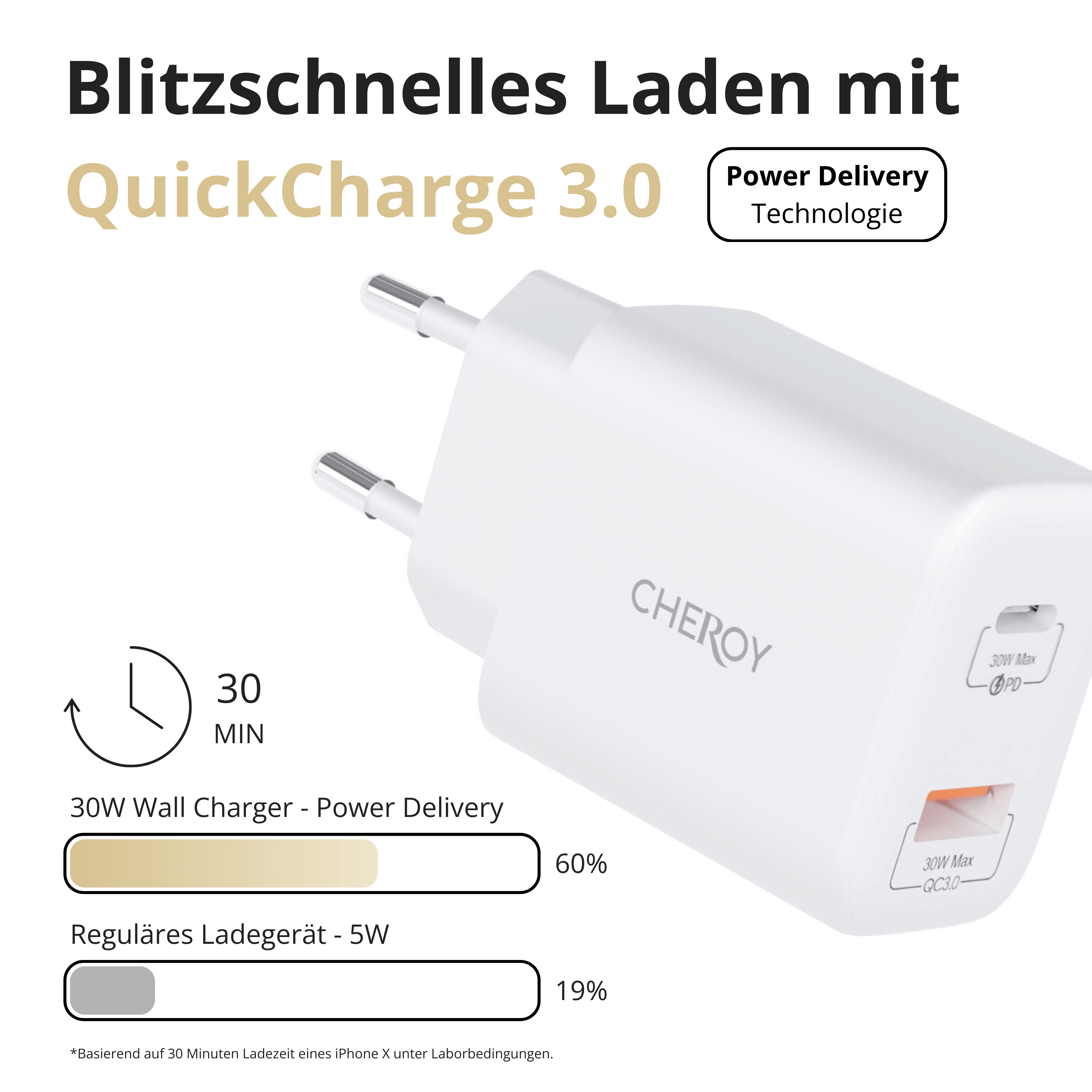 Weißes Ladegerät mit zwei Stiften. Text sagt 'QuickCharge 3.0' und zeigt 60 % Ladung in 30 Minuten.