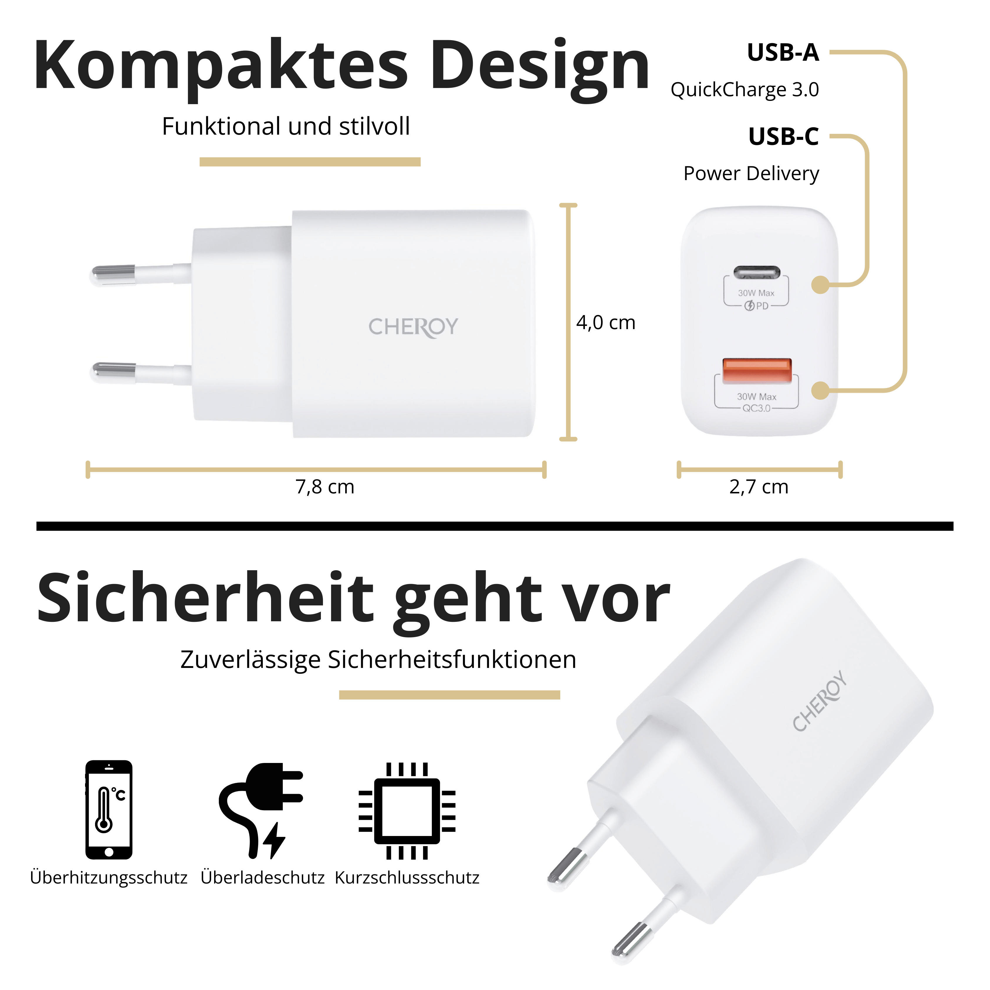 Weißes Dual-USB-Ladegerät mit USB-A- und USB-C-Anschlüssen. Text: Kompaktes Design und Sicherheit geht vor.