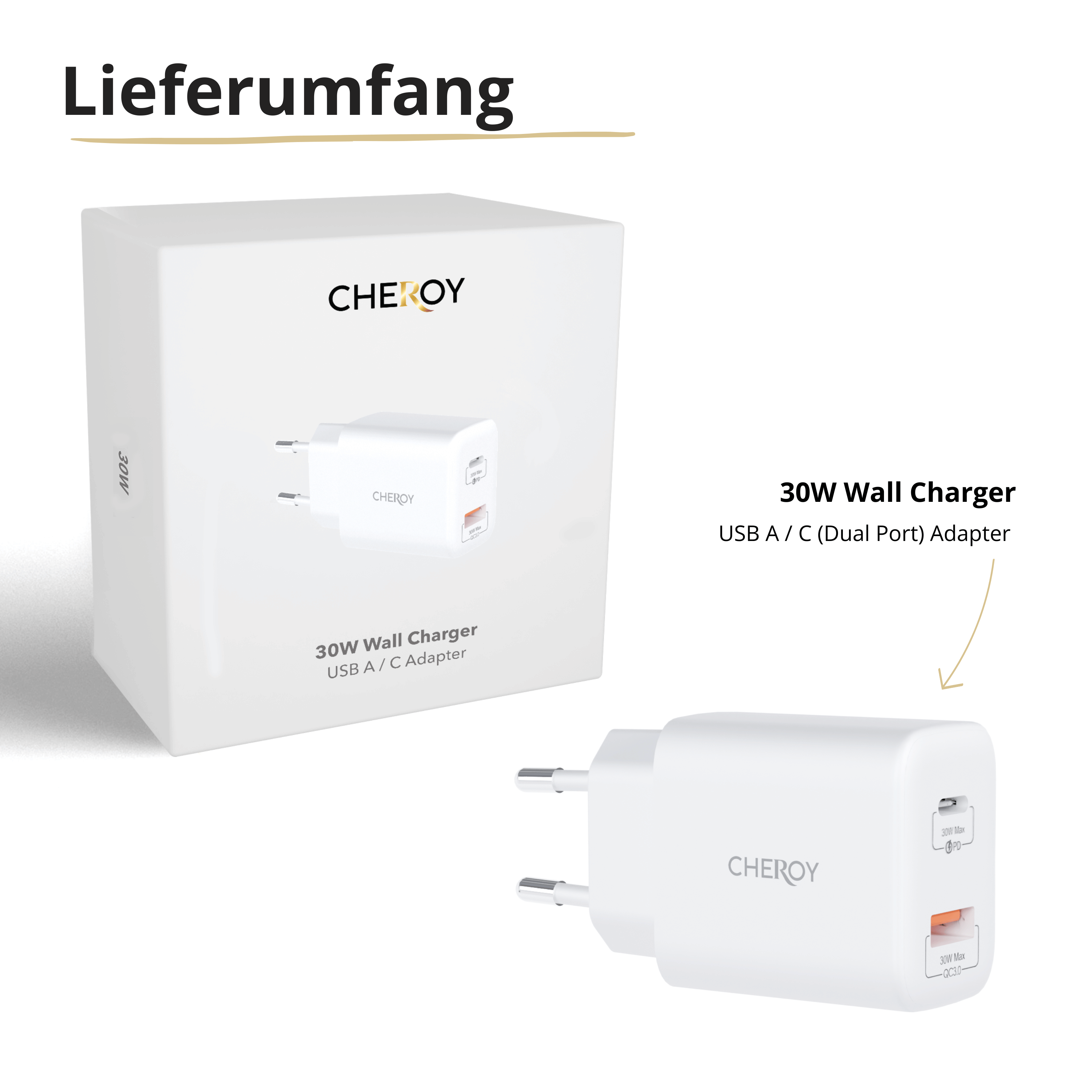 Weißes 30W-Wandladegerät in einer Box mit USB A/C-Dual-Port-Adapter.