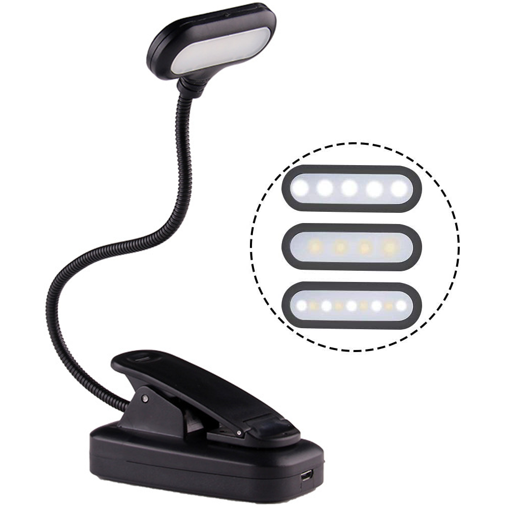 Schwarzes Klemm-Leselicht. Flexibler Hals und drei Lichtmodi. Weißer Hintergrund.