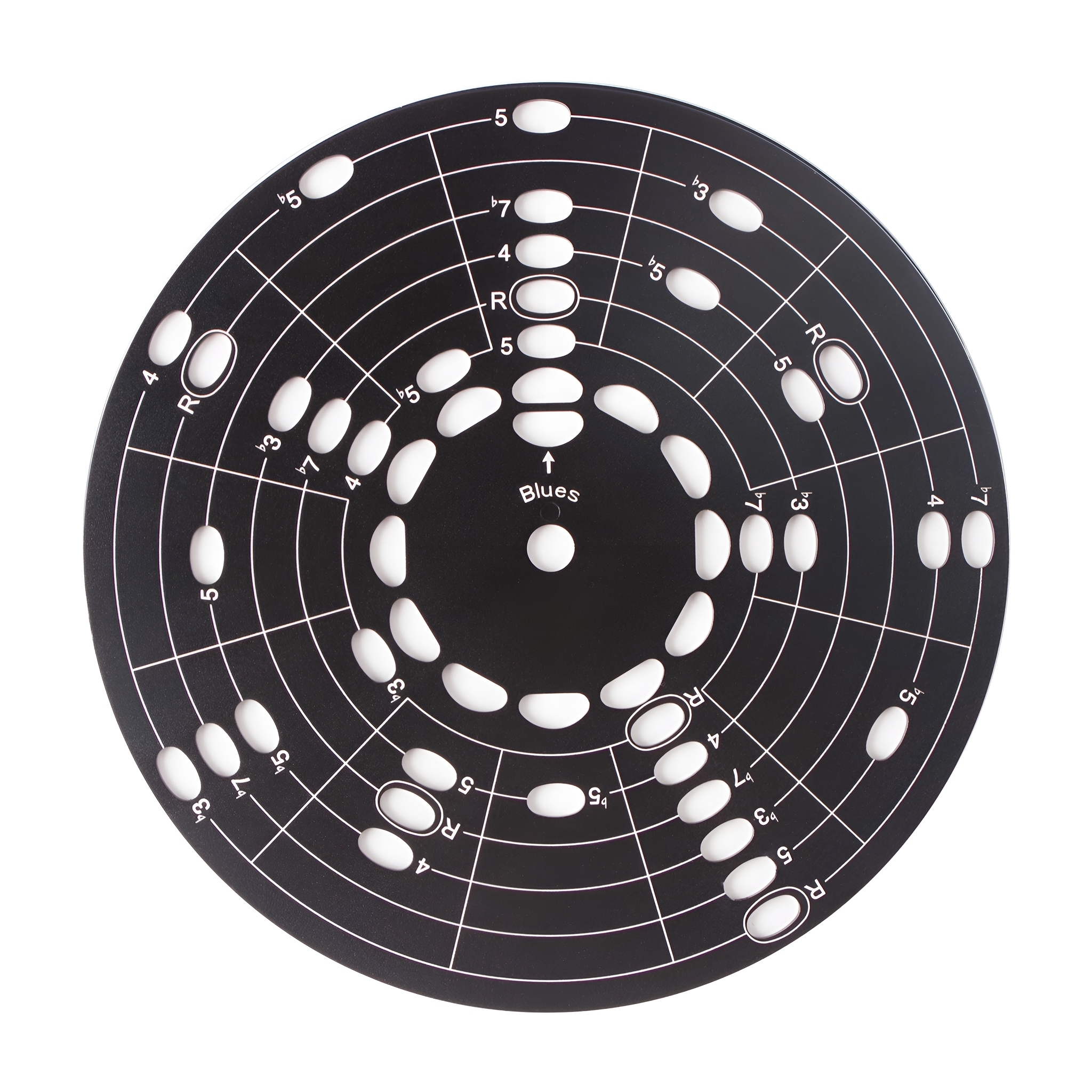 Ein schwarzes kreisförmiges Musikdiagramm mit weißen ovalen und Liniendetails, Zahlen und Buchstaben.