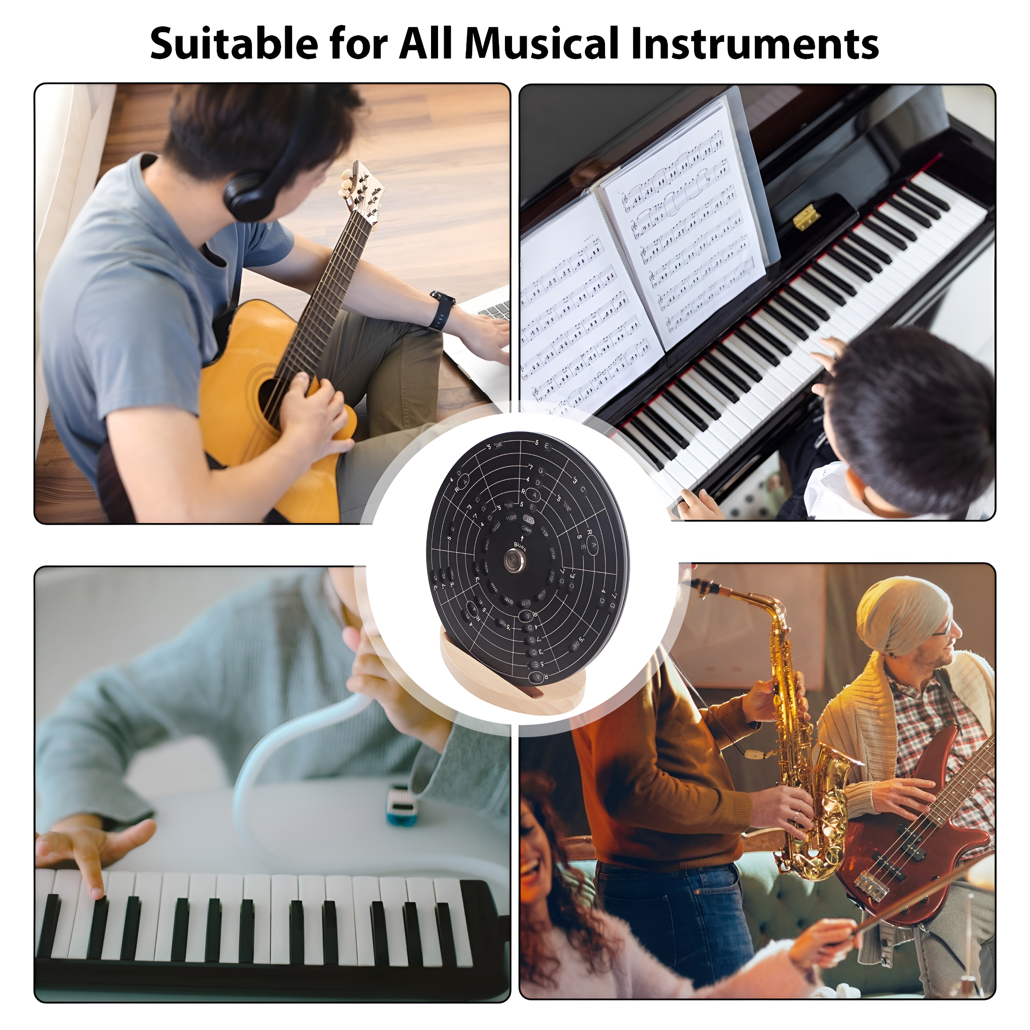 Collage von Musikszenen: Gitarrist, Klavierspieler mit Noten, Person spielt Keyboard, Saxophonist.