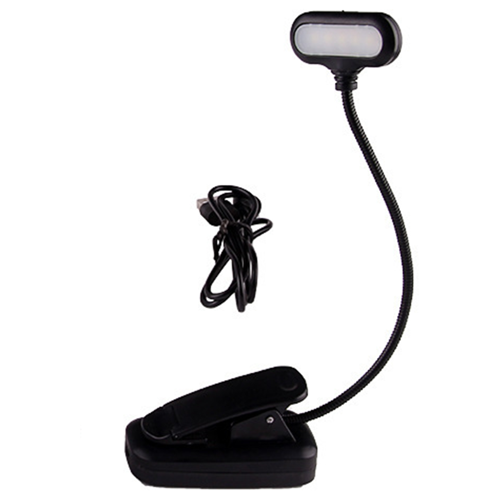 Schwarzes Anklemm-Leselicht mit USB-Kabel. Oben ist ein kleines Licht.