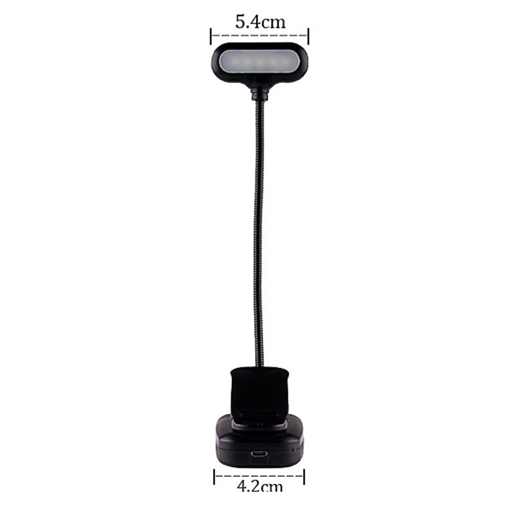 Schwarze Clip-On-Leselampe. Sie hat einen flexiblen Arm und ein Licht mit Abmessungen.
