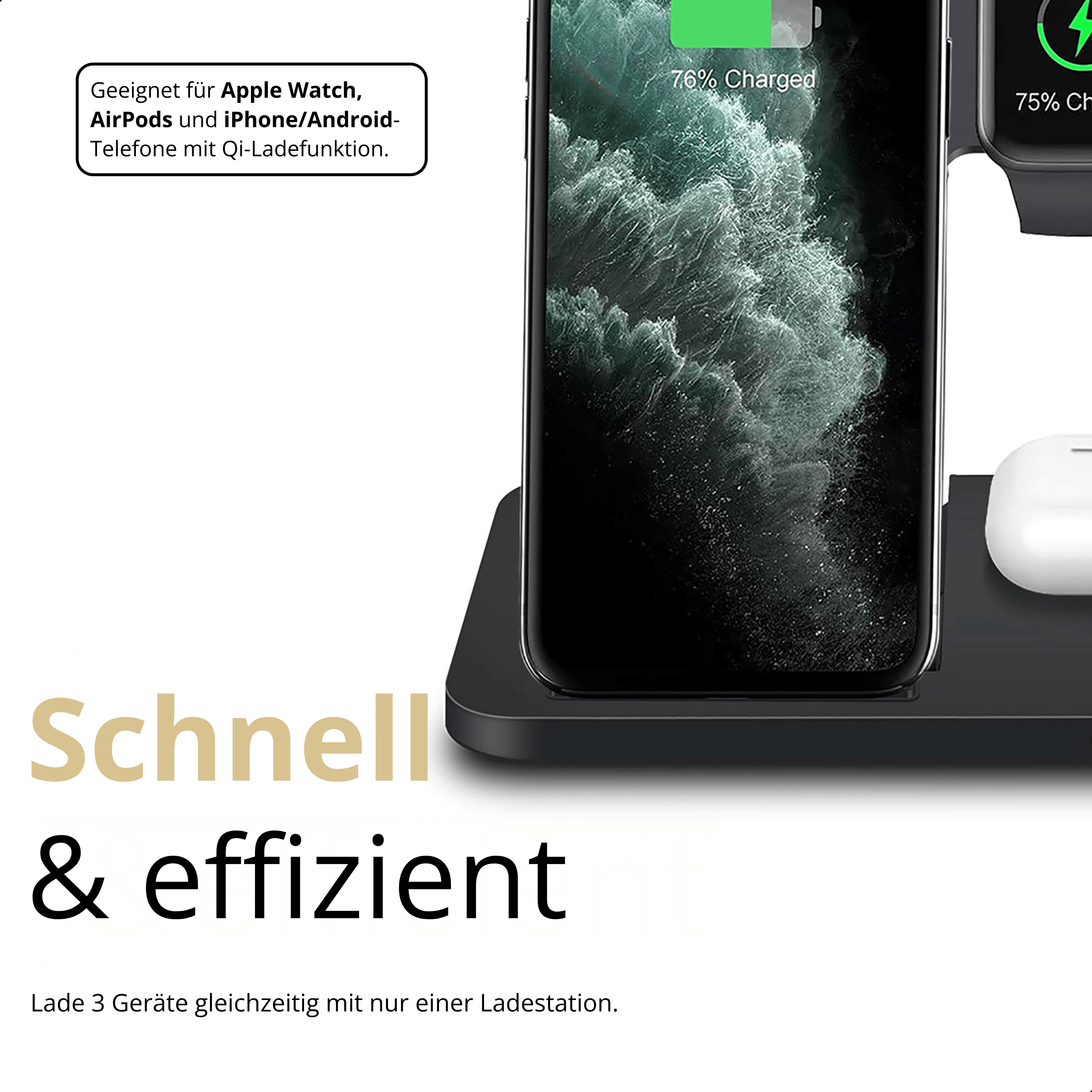 Schwarze kabellose Ladestation mit Telefon, Uhr und Ohrhörern.