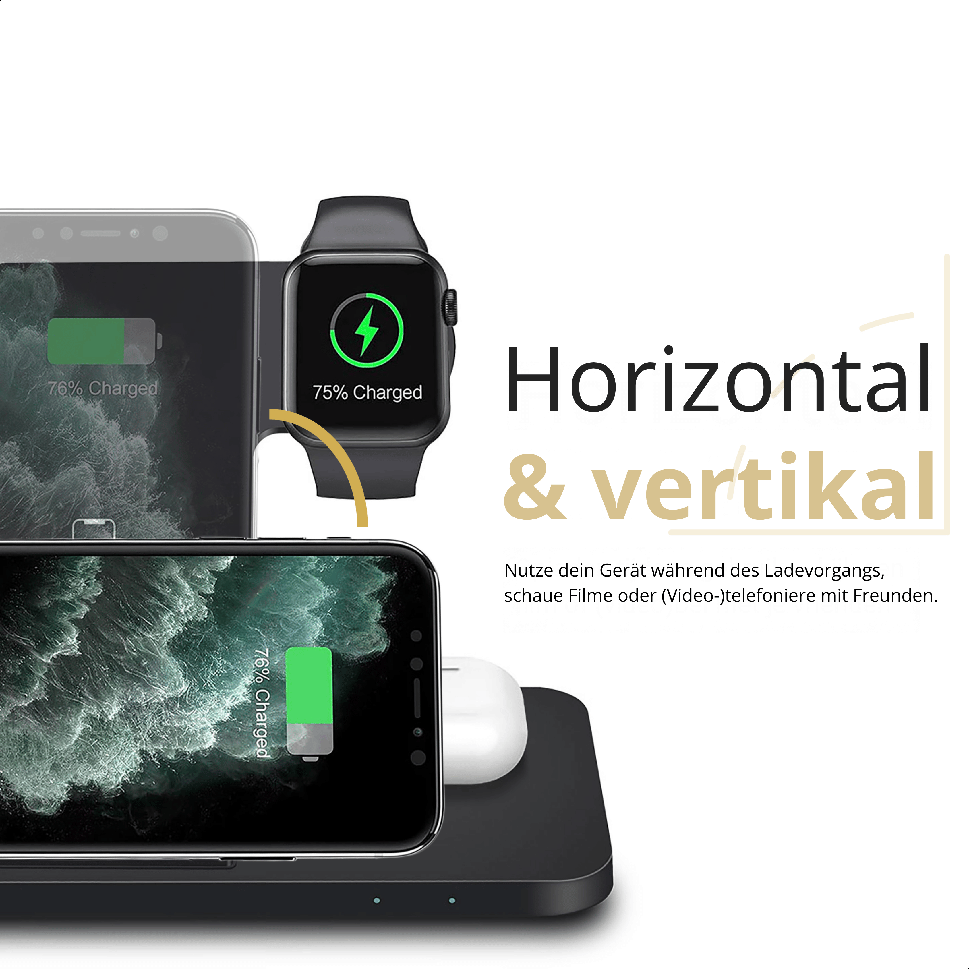 Geräte laden auf einem schwarzen kabellosen Ladegerät. Telefone und eine Uhr mit Ladeanzeigen.