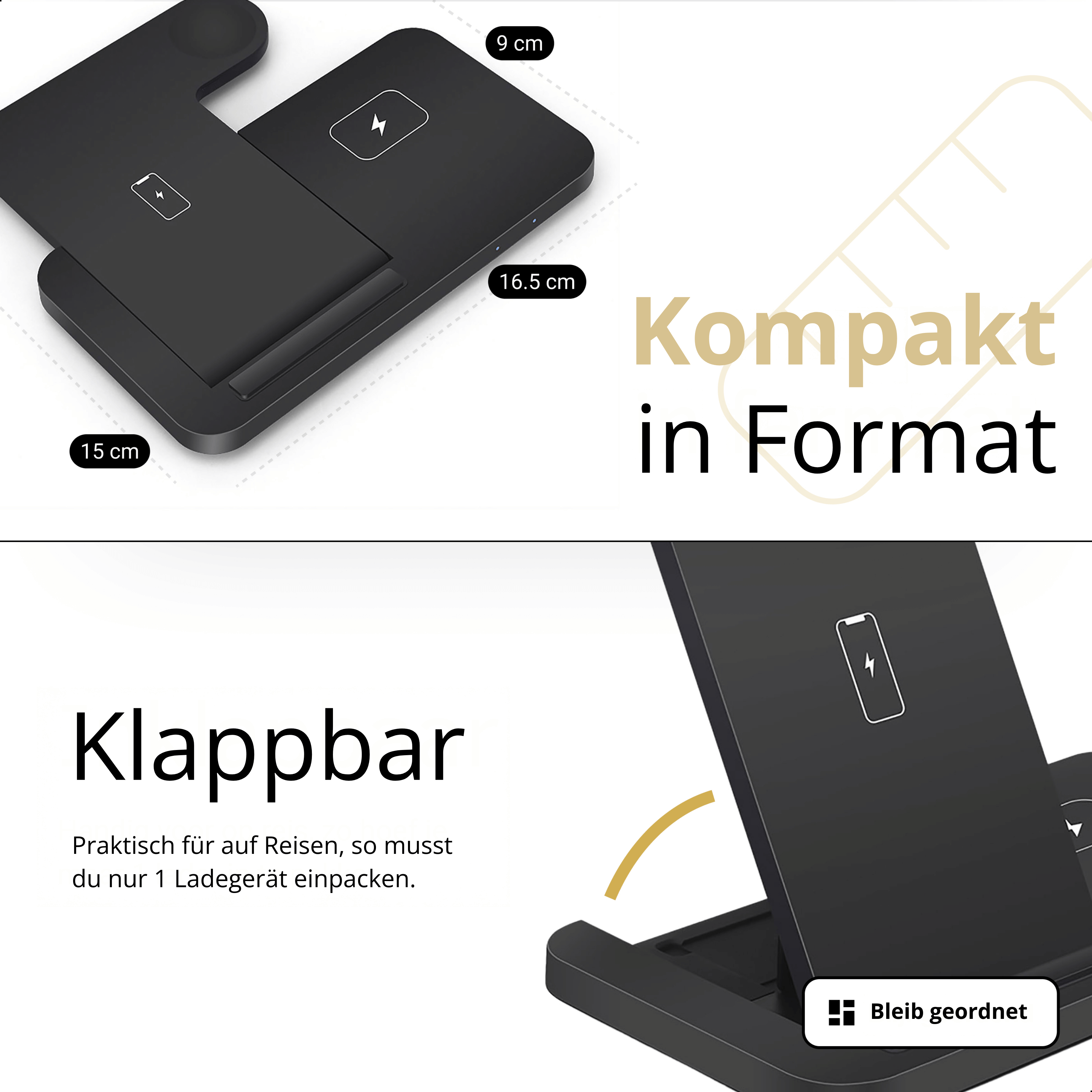 Ein schwarzes kabelloses Ladegerät mit einem Telefon und einem Tablet. Abmessungen sind beschriftet.