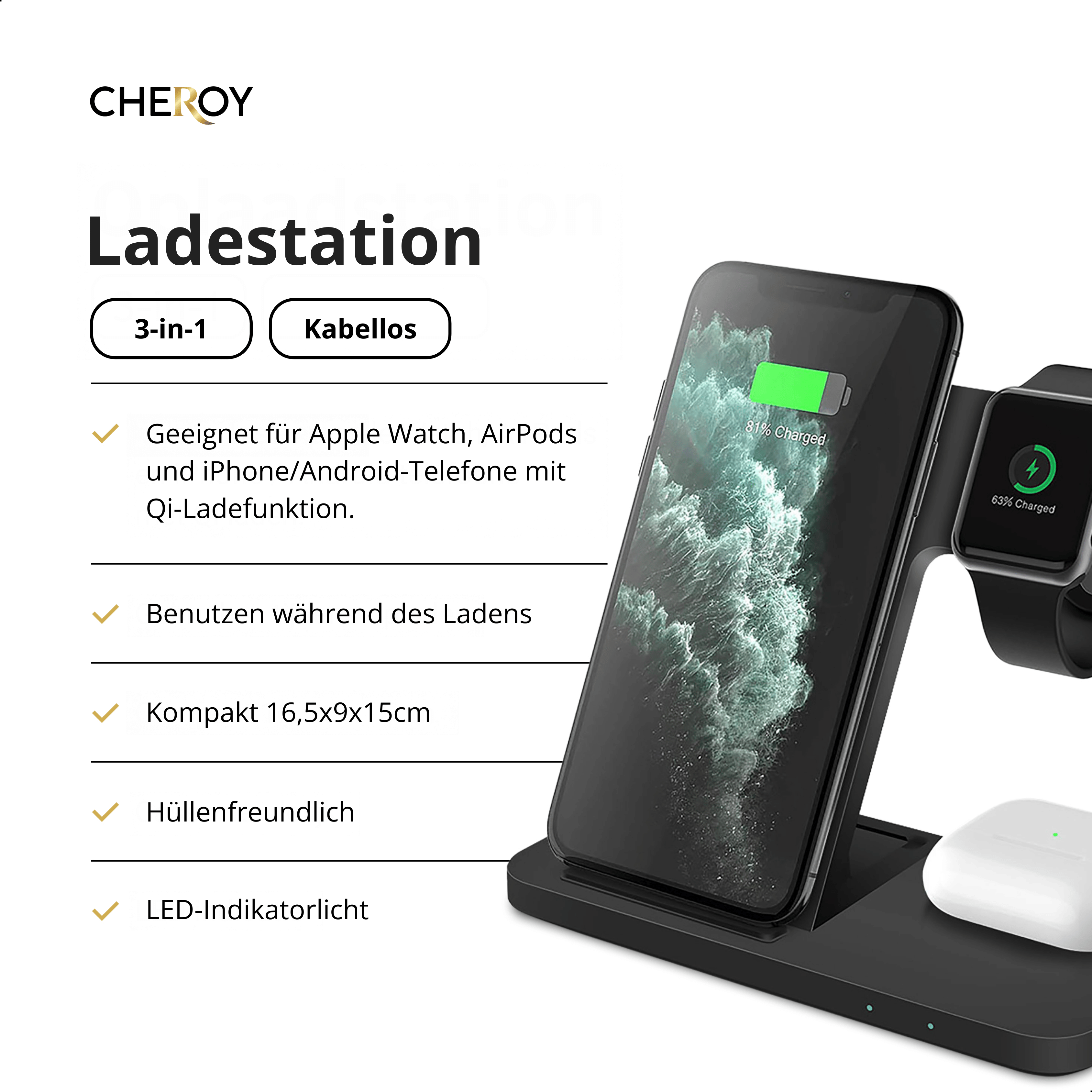 Schwarze Ladestation mit Telefon, Uhr und Ohrhörern. Zeigt den Ladestatus und kabellose Ladeinfos an.