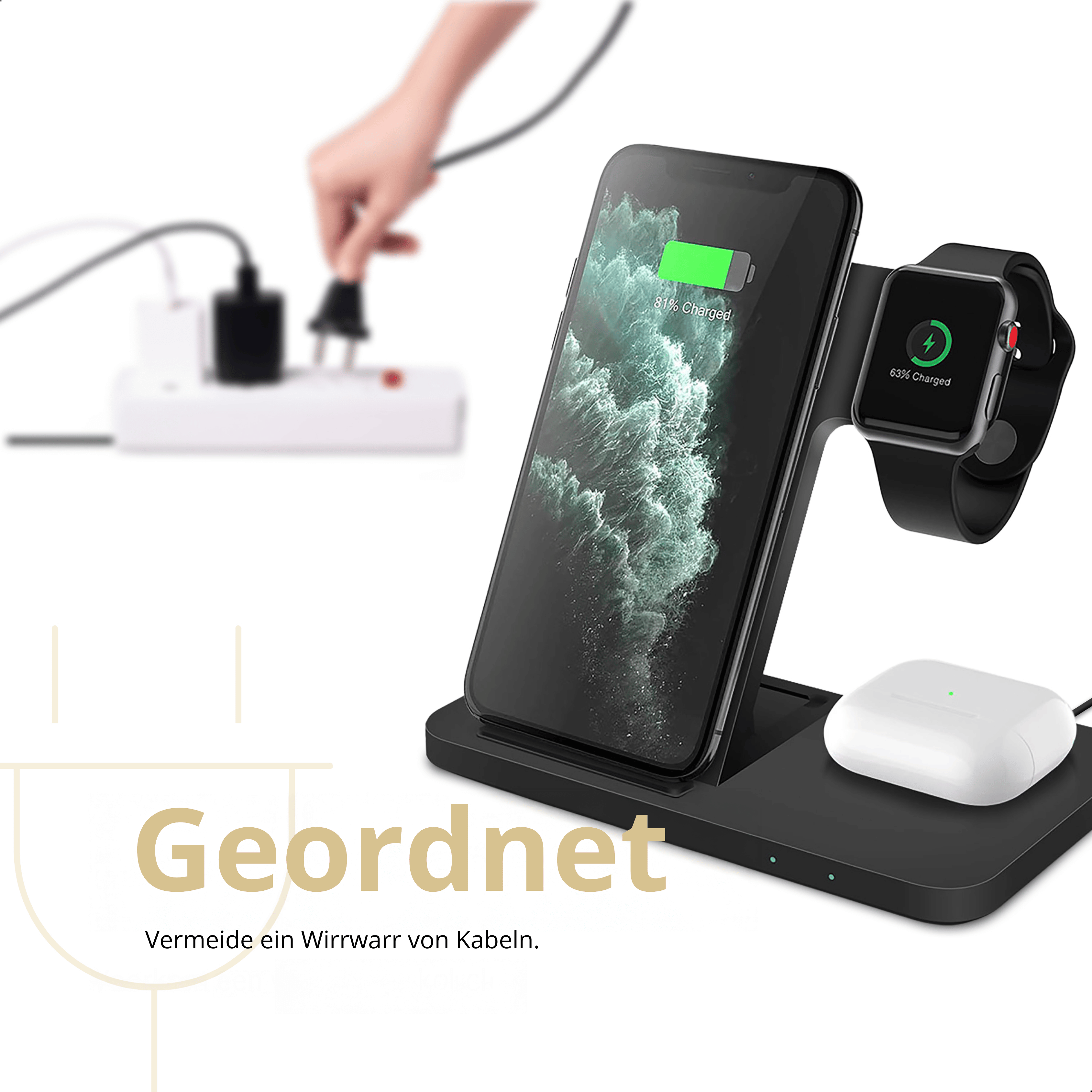 Ladestation mit Telefon, Uhr und Ohrhörern, die geladen werden, Kabeln und einem Stecker.
