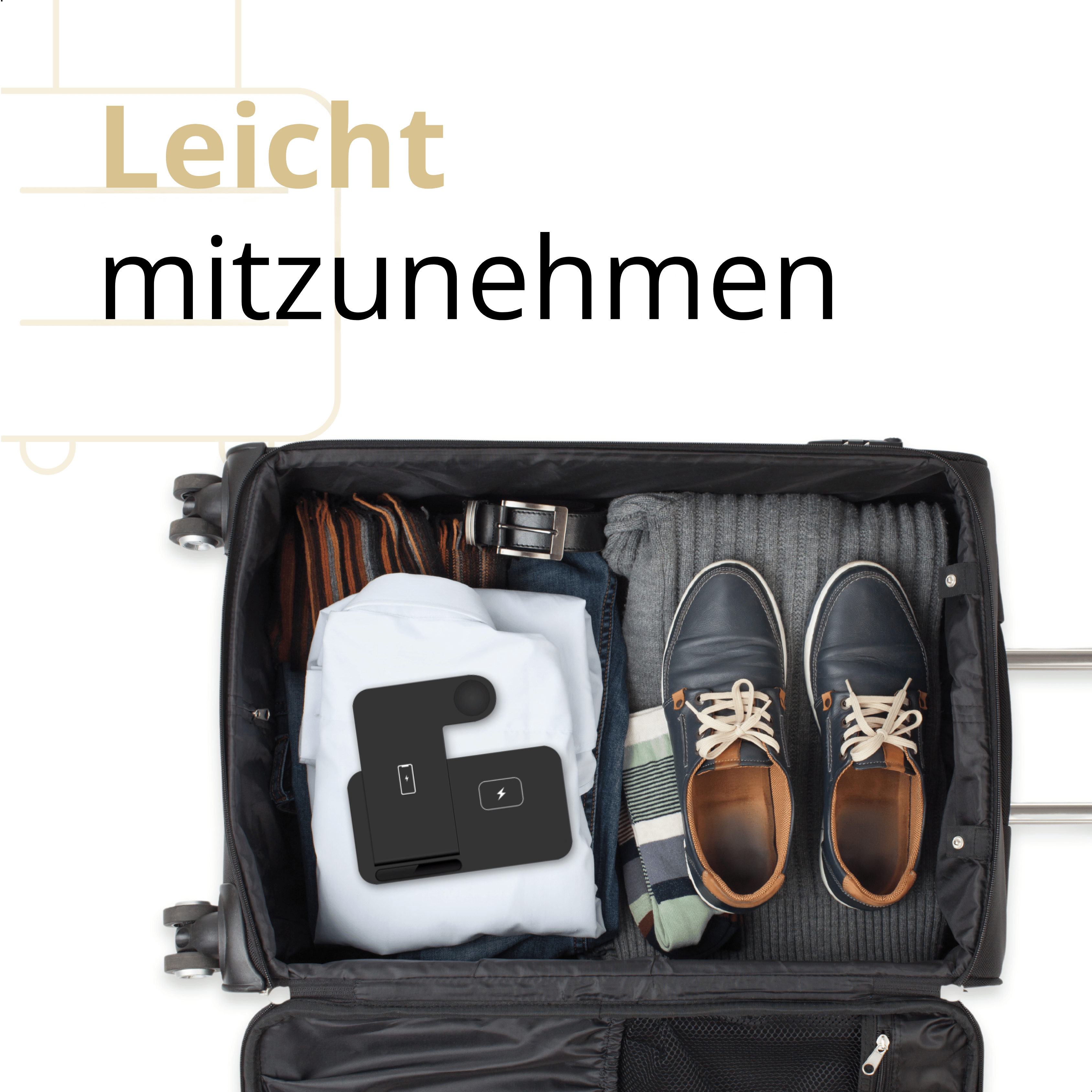 Offener Koffer mit Kleidung, Schuhen und einem schwarzen Ladegerät. Textüberlagerung sagt „Leicht zu transportieren“.