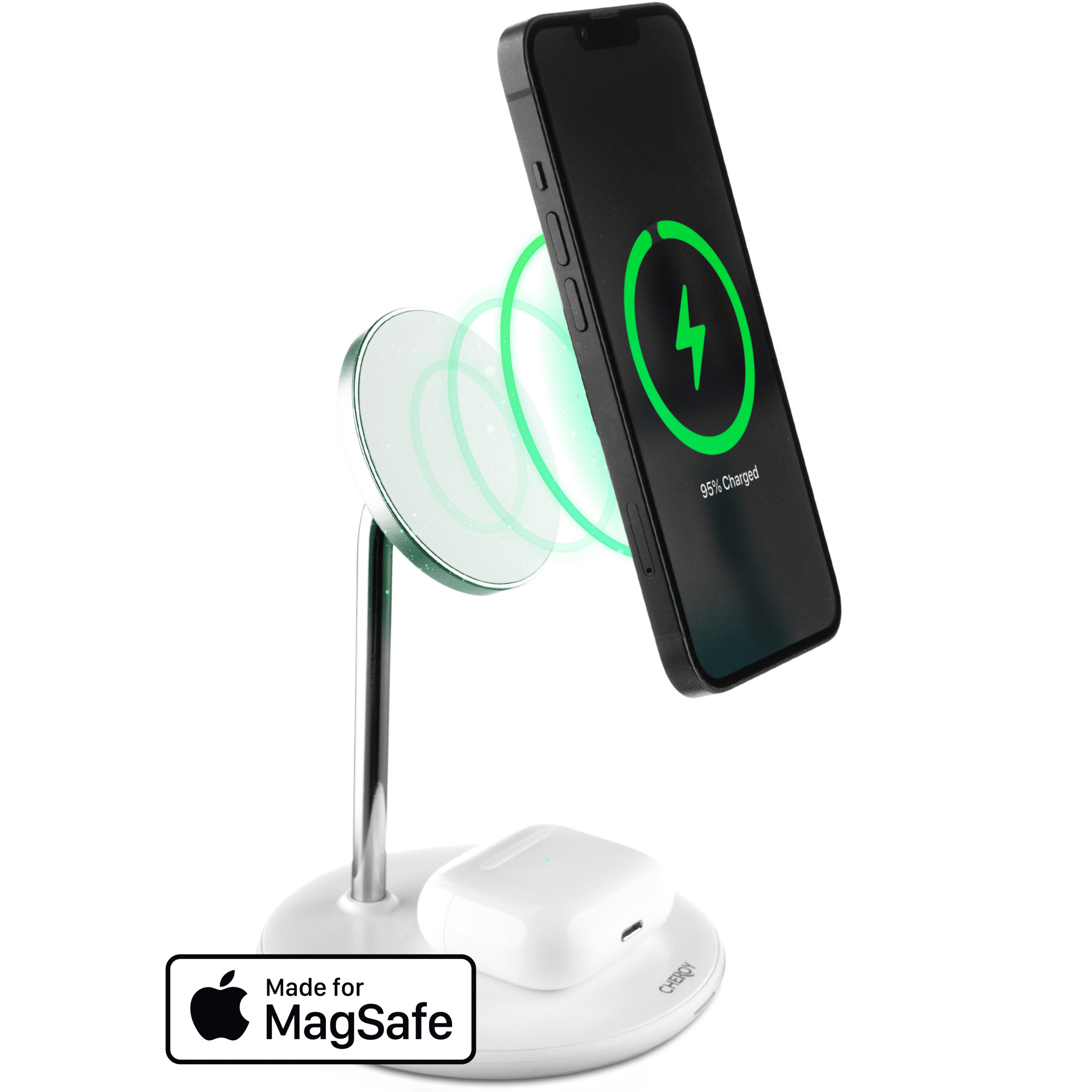 Ein Telefon, das drahtlos auf einem weißen Ständer geladen wird. Ein Paar weiße kabellose Ohrhörer sind ebenfalls vorhanden.