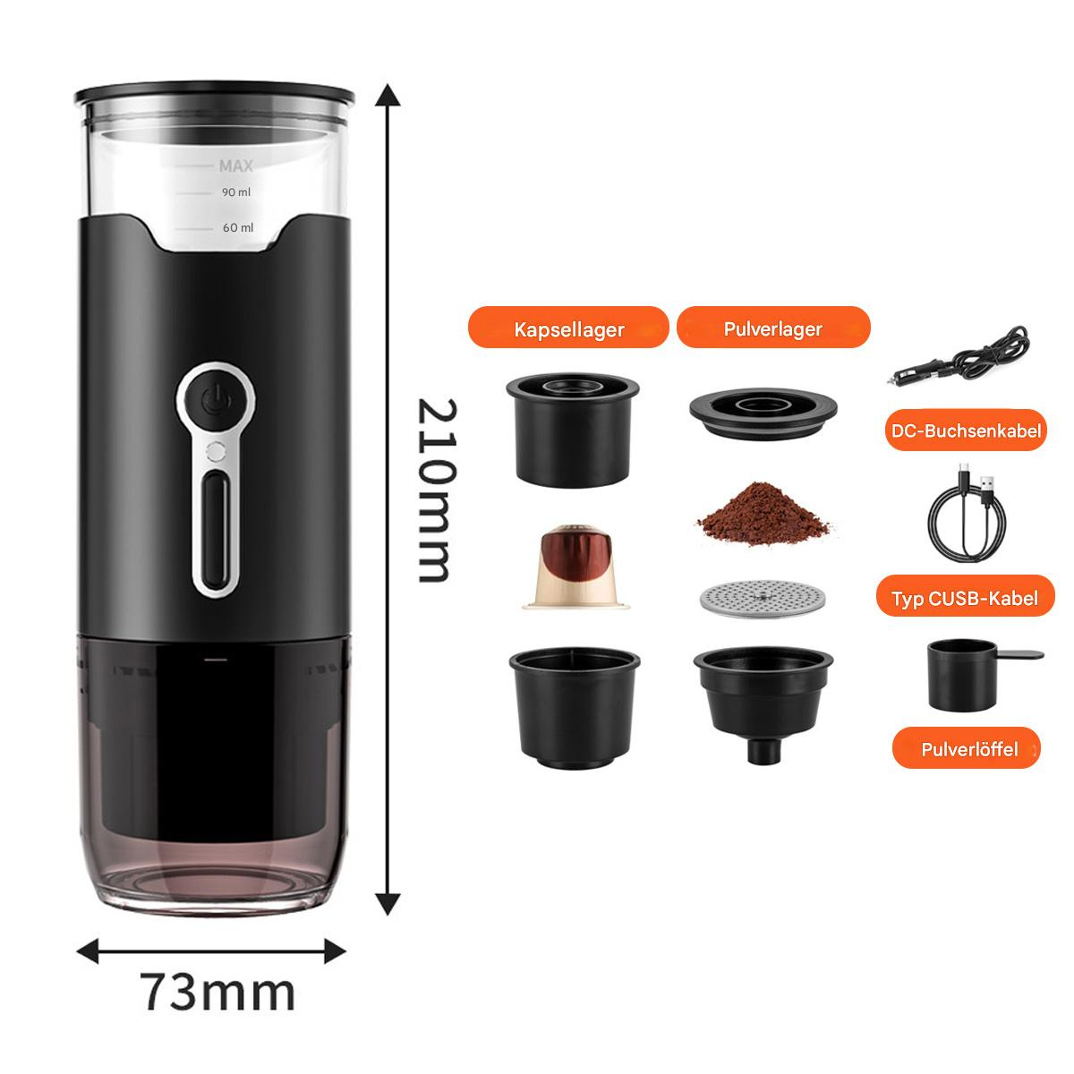Schwarze Kaffeemaschine mit Messungen. Enthält mehrere Komponenten zum Brühen und Messen.