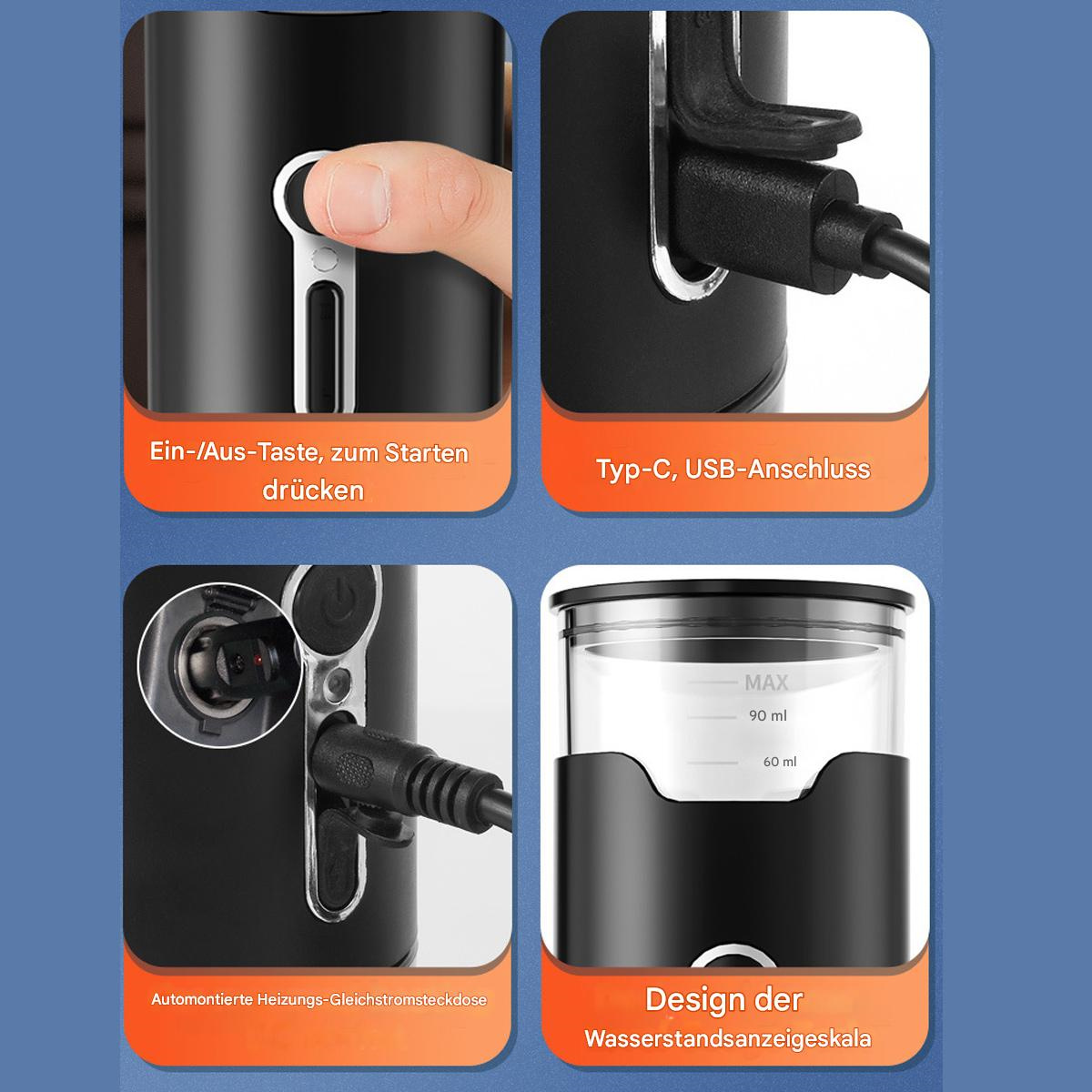 Schwarzer tragbarer Kaffeebereiter mit Etiketten und Wasserstandsanzeige. Enthält USB-Anschluss.