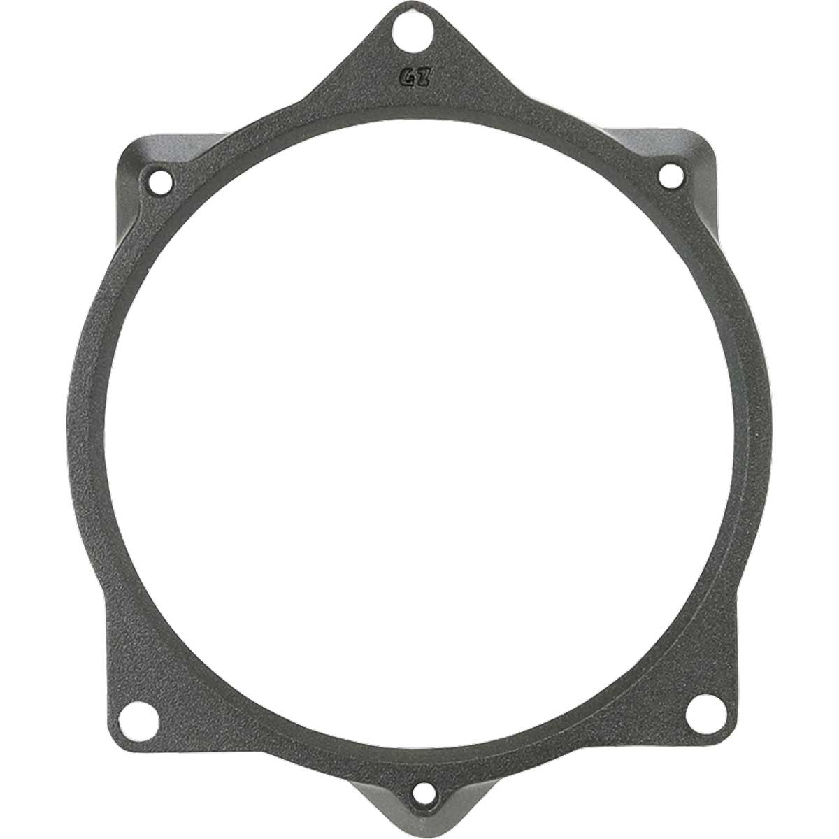 Ein graues, kreisförmiges Objekt mit Löchern. Es hat eine geometrische Form.