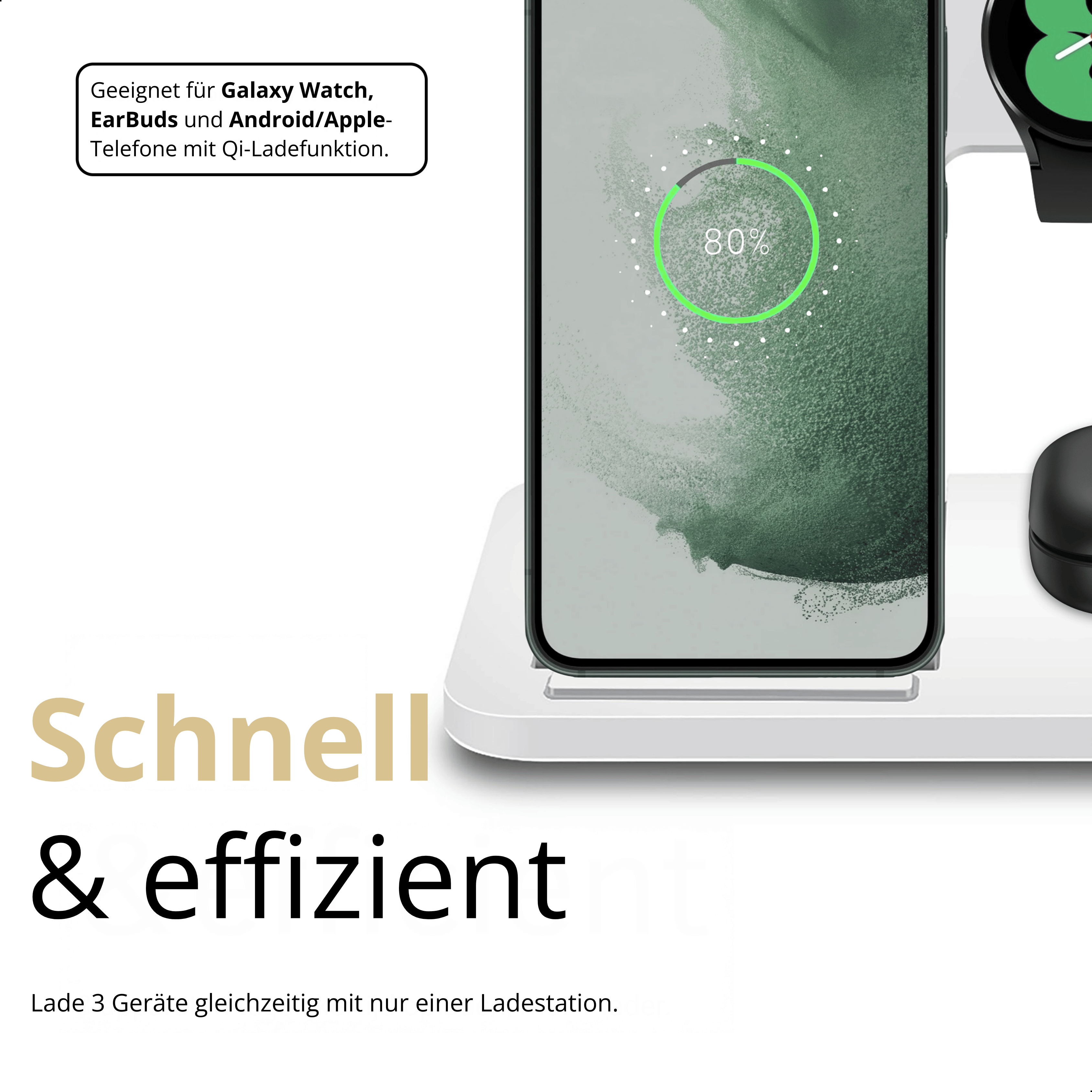 Eine kabellose Ladestation mit einem Telefon, das zu 80 % geladen wird. Text: 'Schnell & effizient', unterstützt mehrere Geräte.