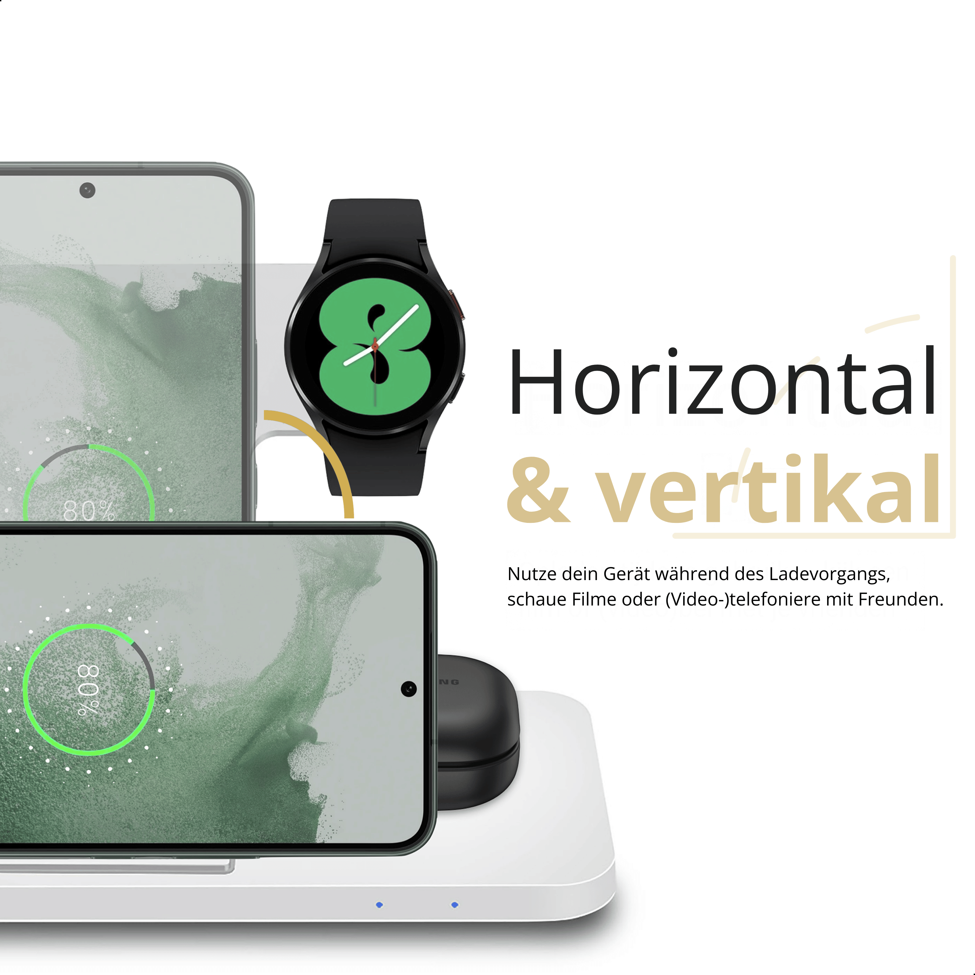 Telefon und Uhr laden auf weißem Pad. Text: Horizontal & vertikal. Schwarze Uhr und Telefon laden.
