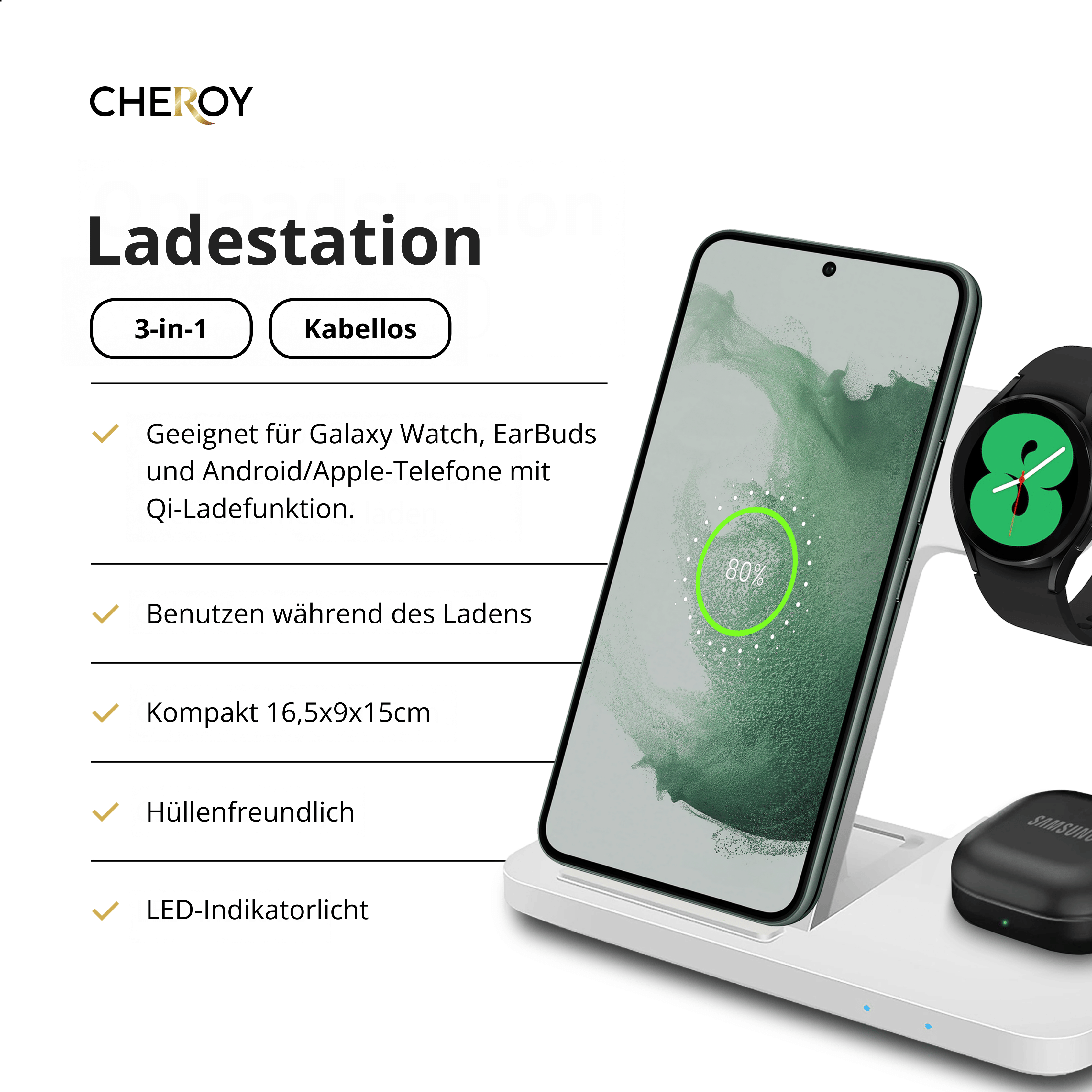 Eine kabellose Ladestation mit Telefon, Ohrhörern und Smartwatch. Text zeigt an, dass es 3-in-1 ist.