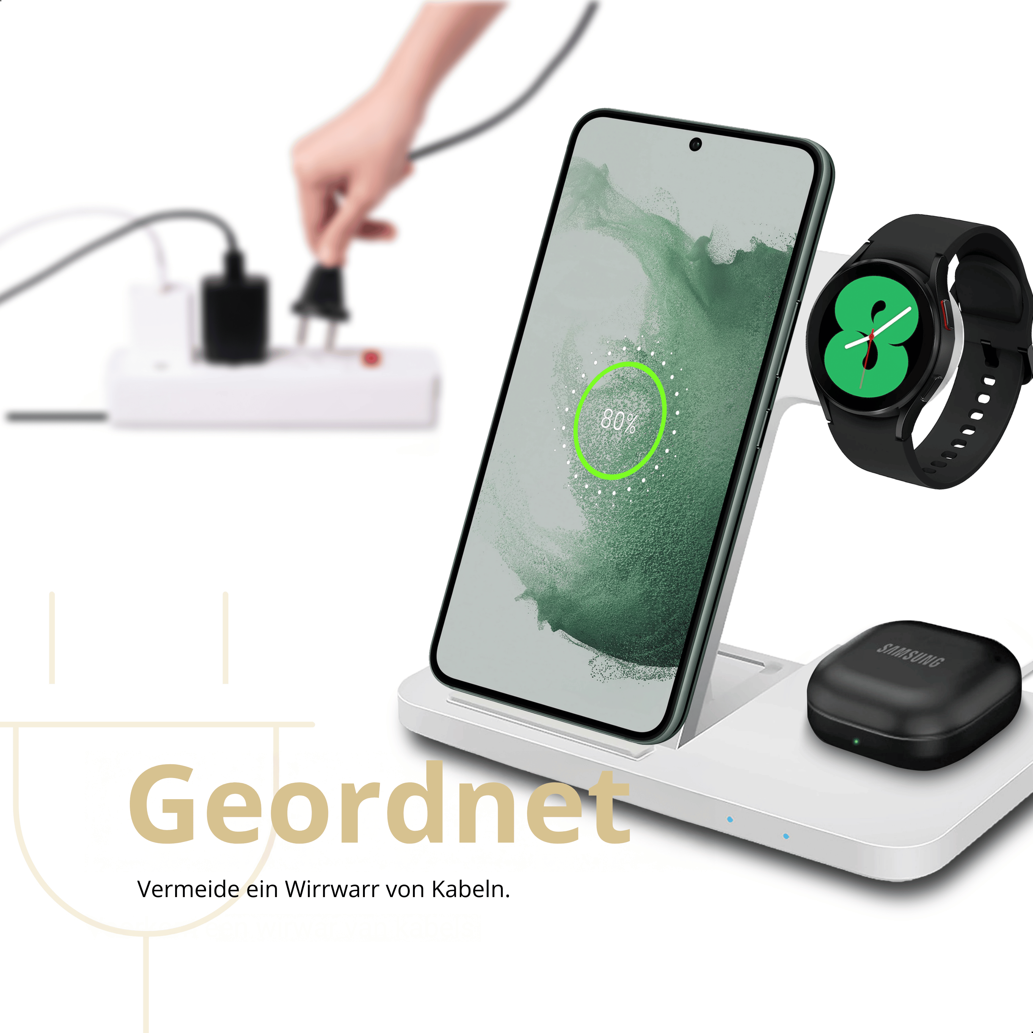 Telefon lädt auf einer kabellosen Ladestation mit Uhr.