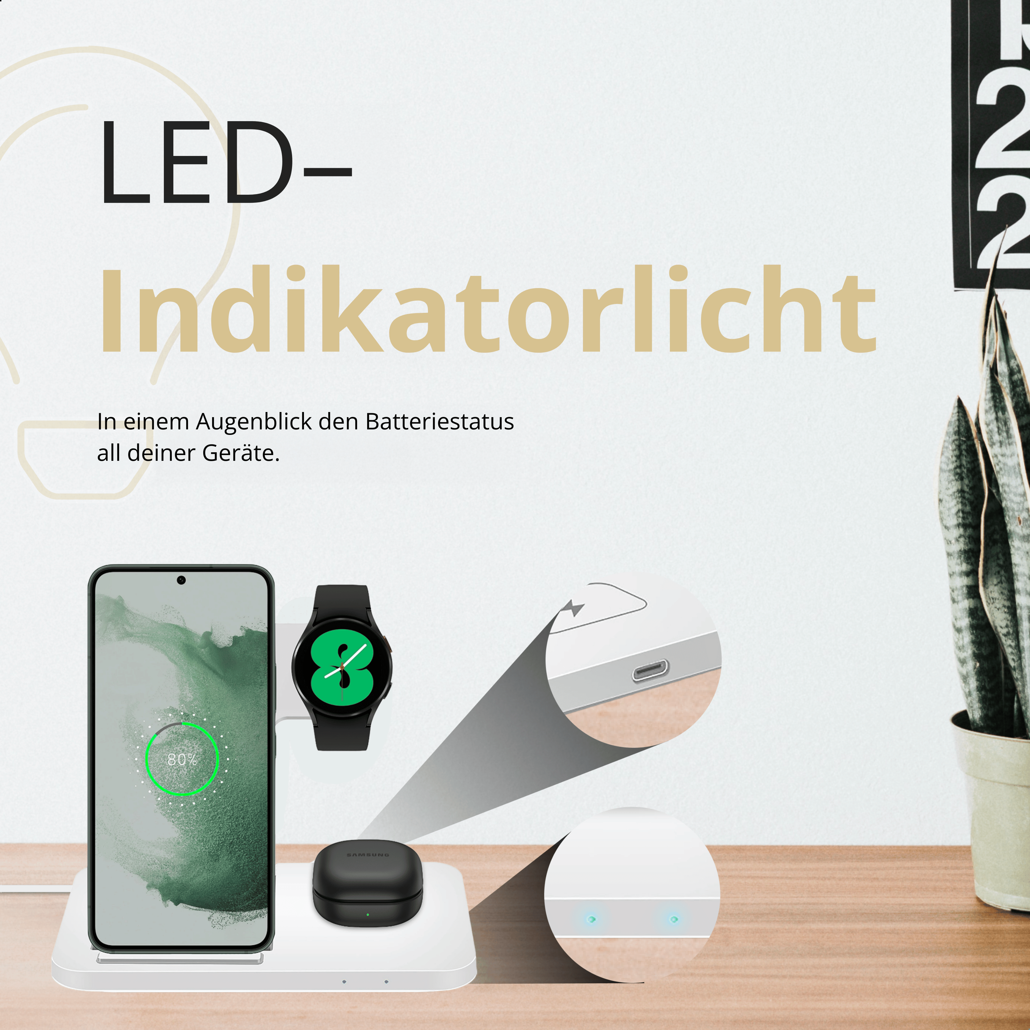 Weißes Ladepad mit Telefon, Uhr und Ohrhörern. Text auf Deutsch über den Batteriestatus.
