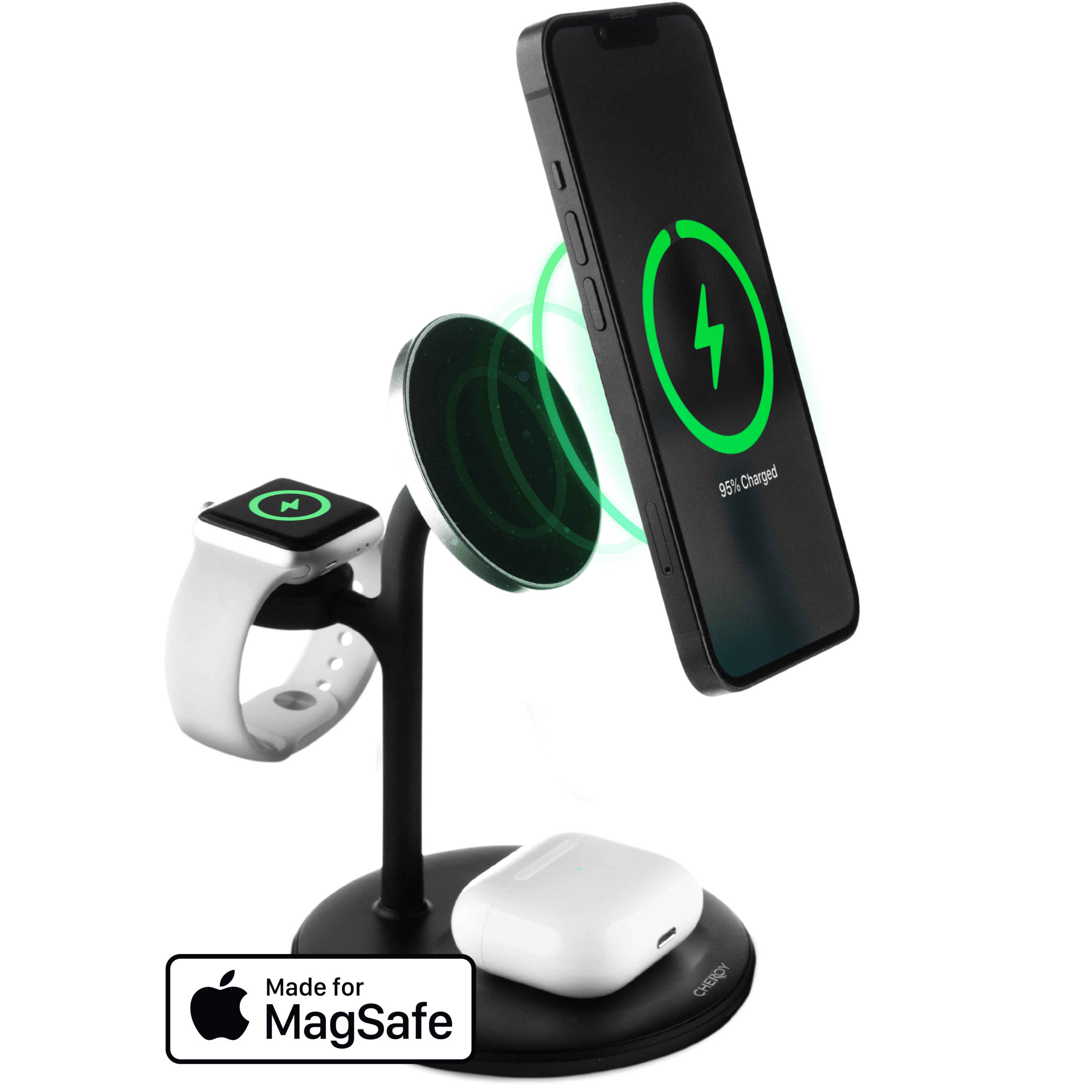 Eine Ladestation mit Telefon, Uhr und Ohrhörern. Das Telefon zeigt ein Ladesymbol und steht auf einem Ständer.