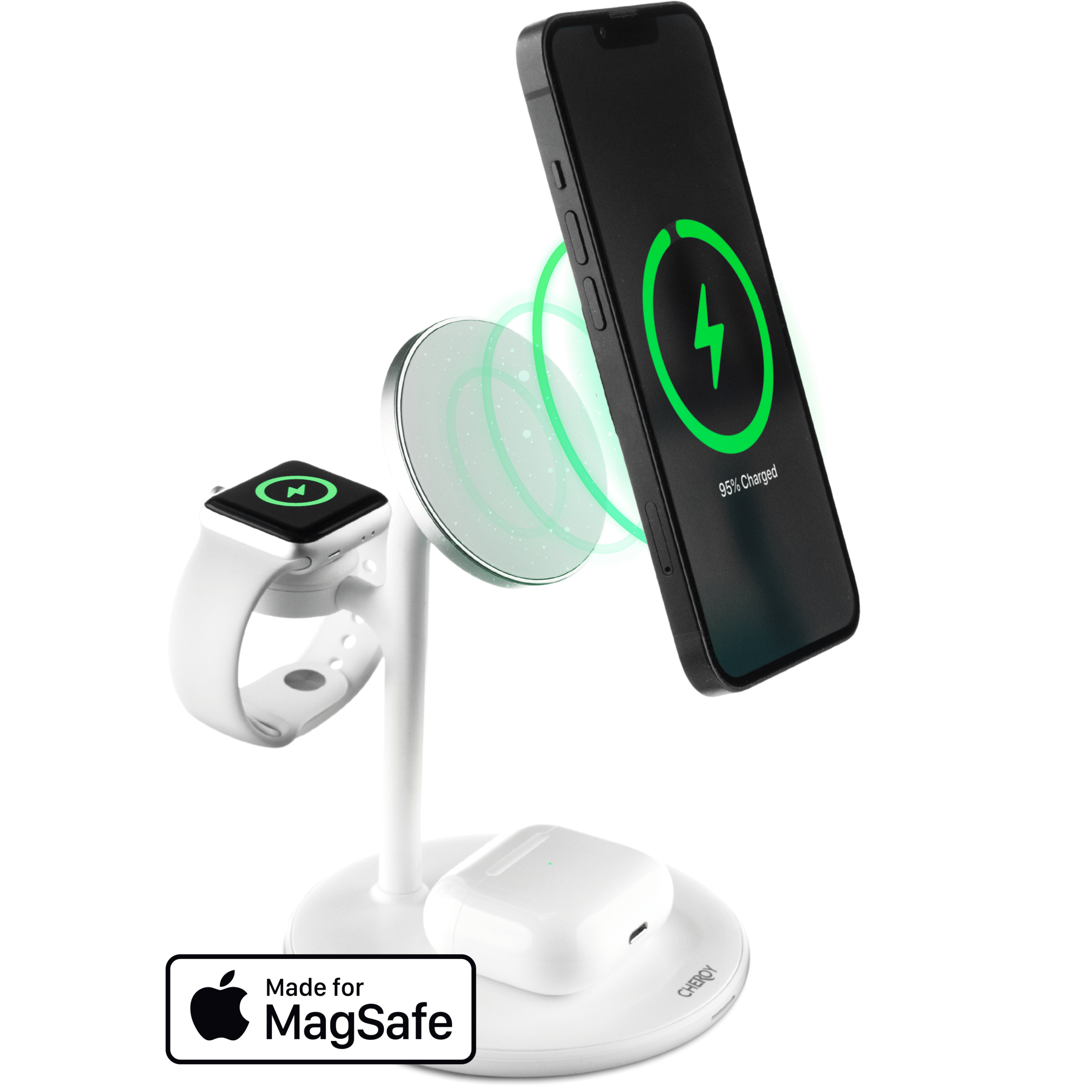 Weiße Ladestation mit Telefon, Uhr und Ohrhörern. Telefon lädt, Apple Watch hat ein Ladesymbol.