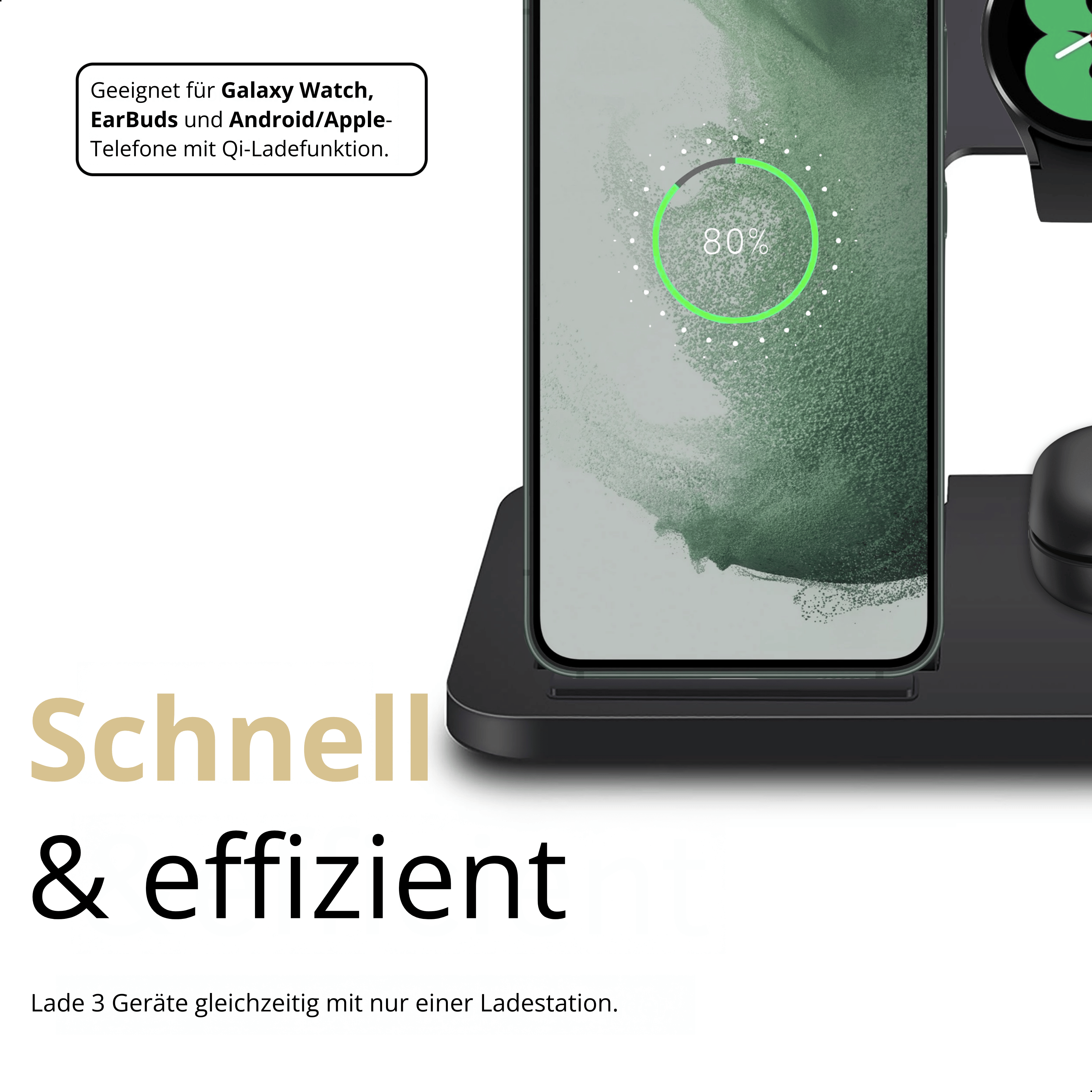 Kabelloses Ladegerät mit Telefon und Smartwatch, 80% Ladung.