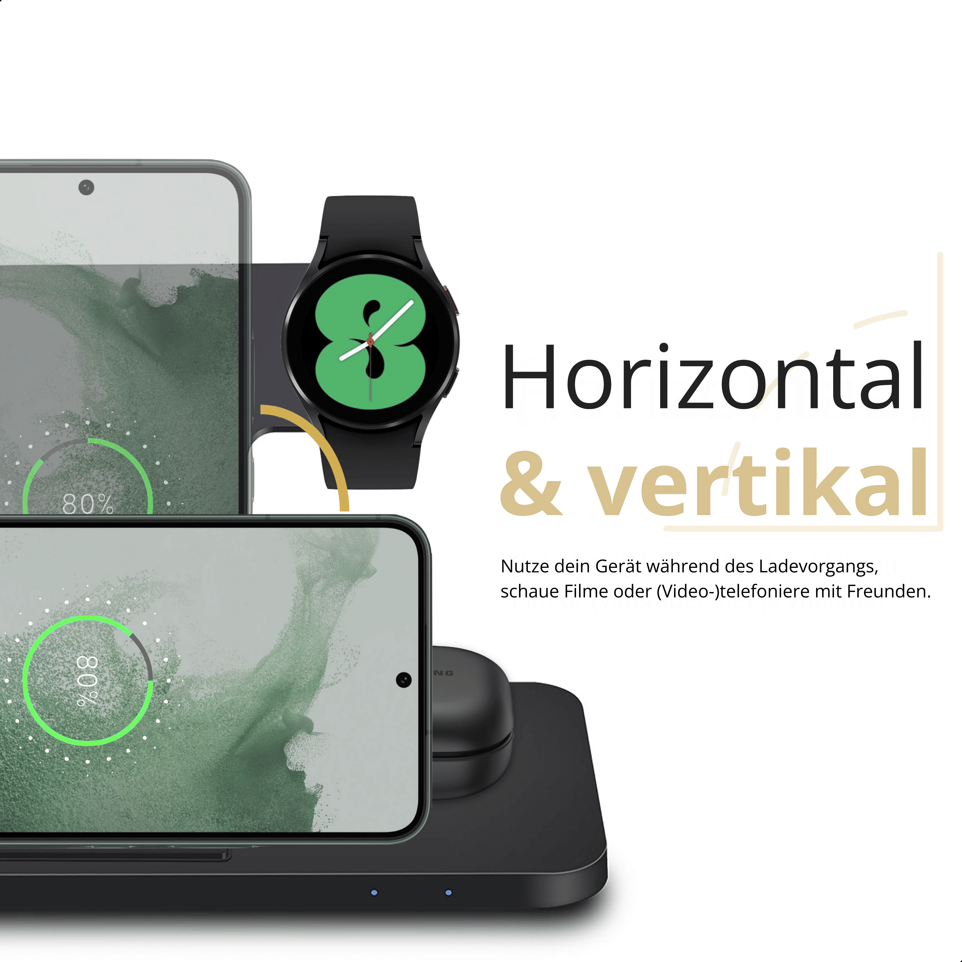 Ein schwarzes Ladepad mit einem Telefon und einer Uhr darauf. Der Ladeprozentsatz wird angezeigt.