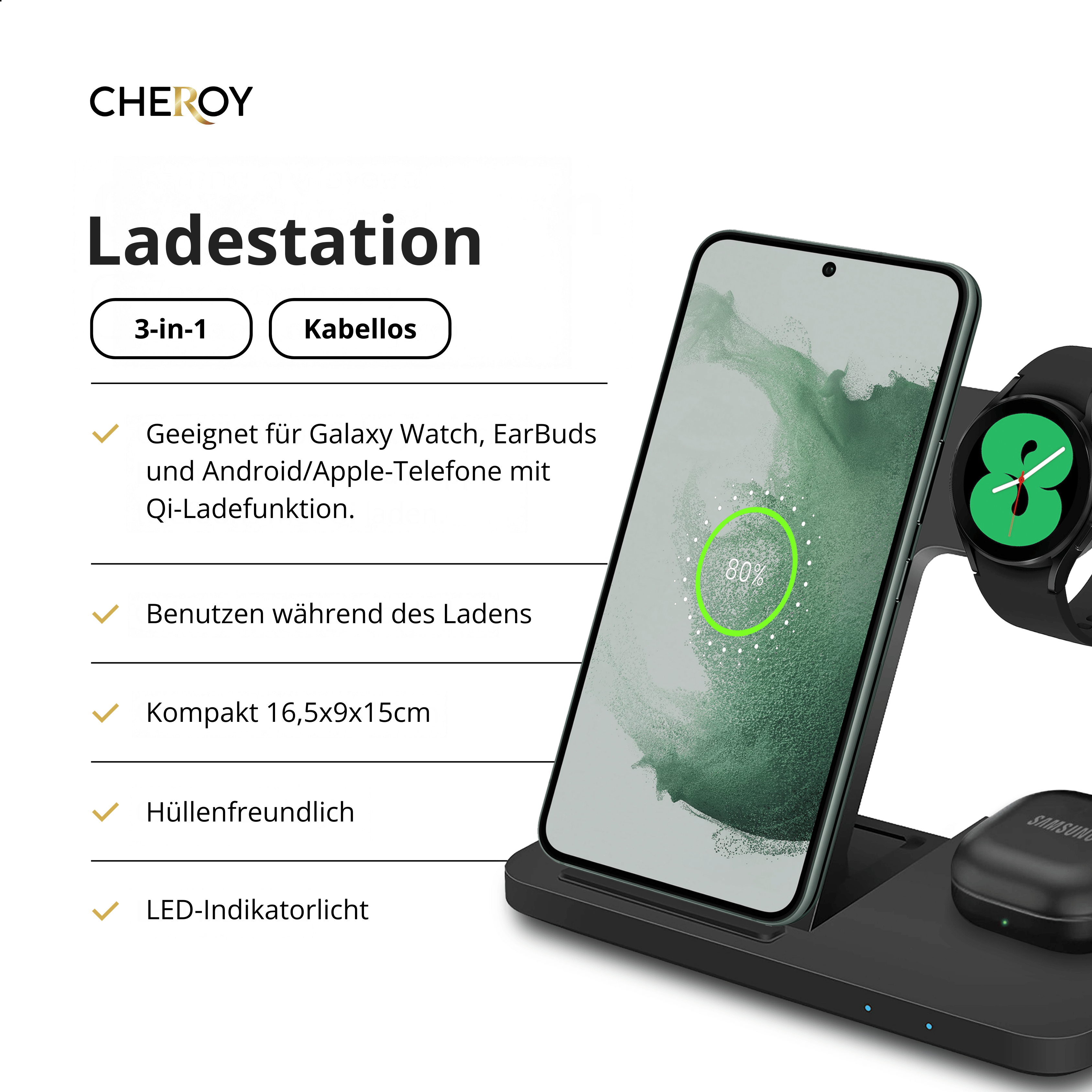 Ladestation mit Telefon, Uhr und Ohrhörern. Weißer Hintergrund.