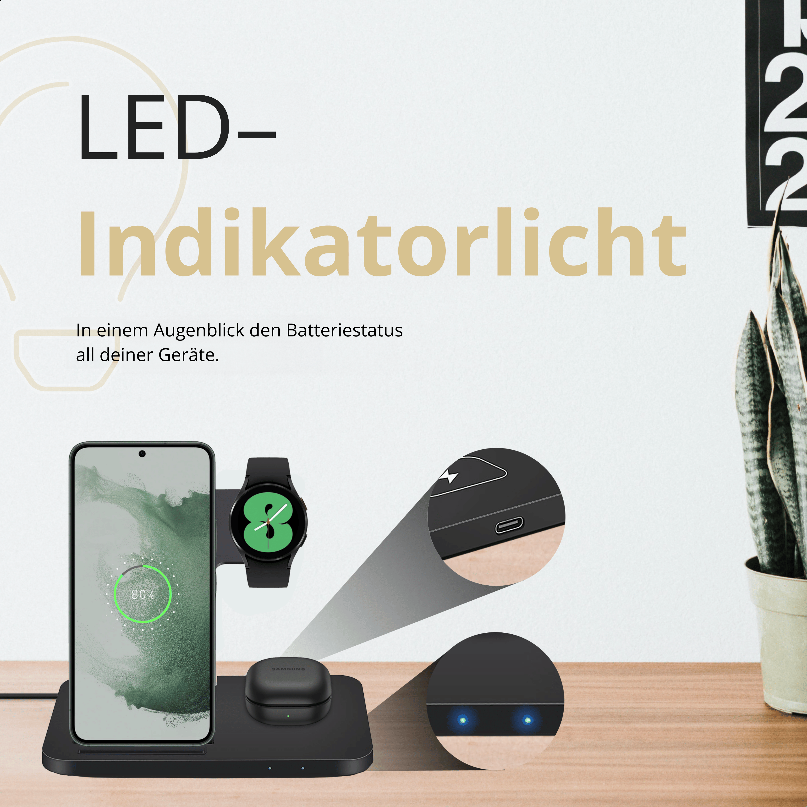 Eine kabellose Ladestation mit Telefon, Uhr und Ohrhörern. Blaue LEDs zeigen den Ladestatus an.