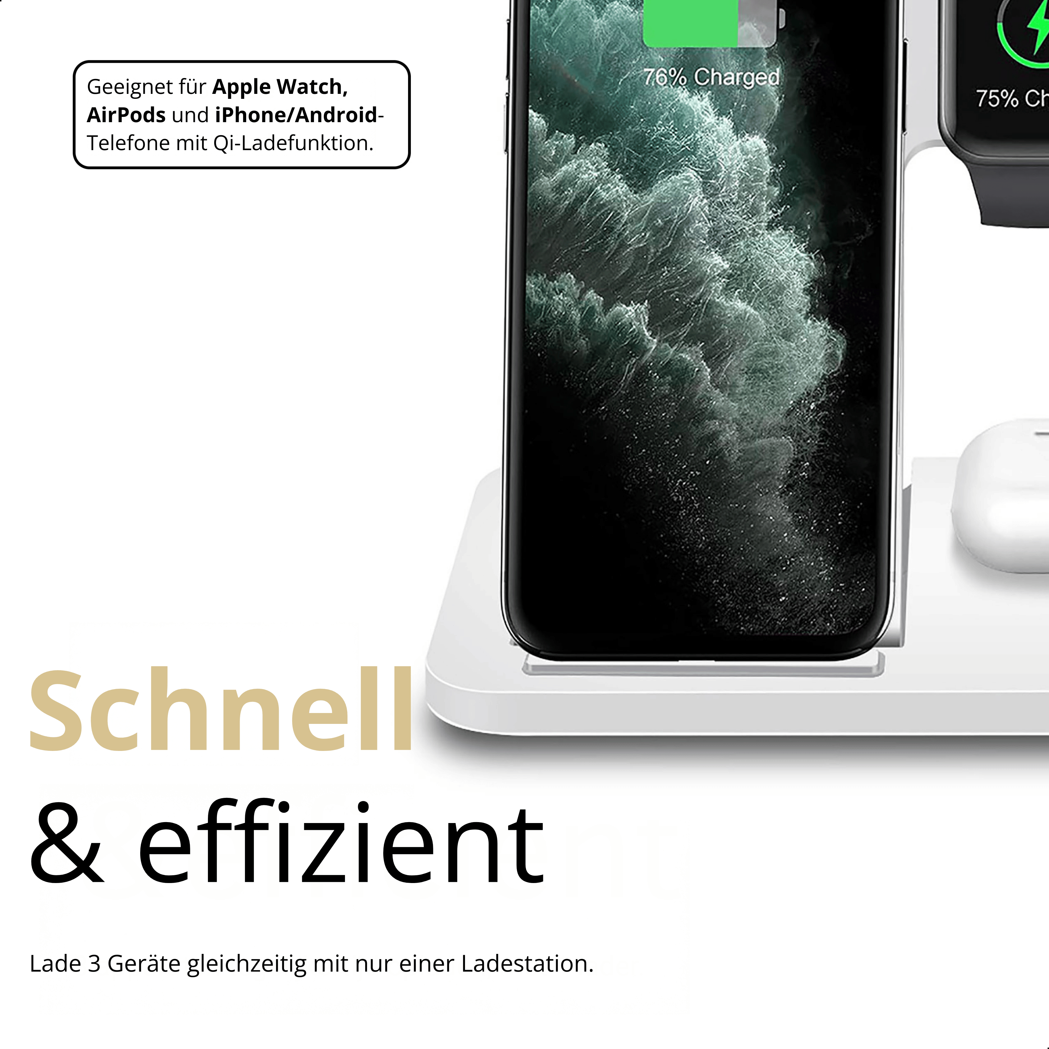 Weiße Ladestation mit Telefon, Uhr und AirPods. Zeigt 76% und 75% geladen an.