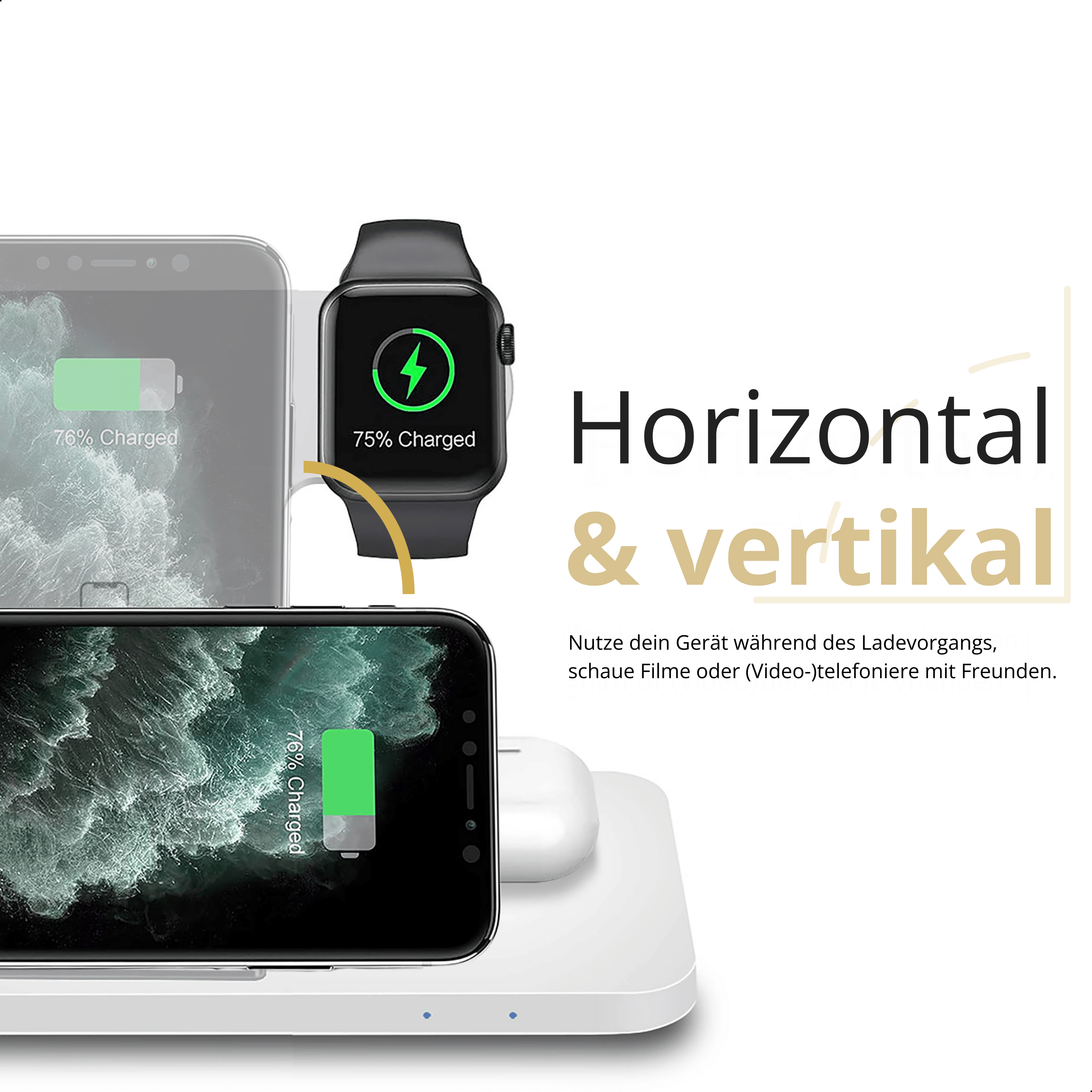 Eine Ladestation mit Handys und einer Smartwatch, mit Text auf Deutsch.