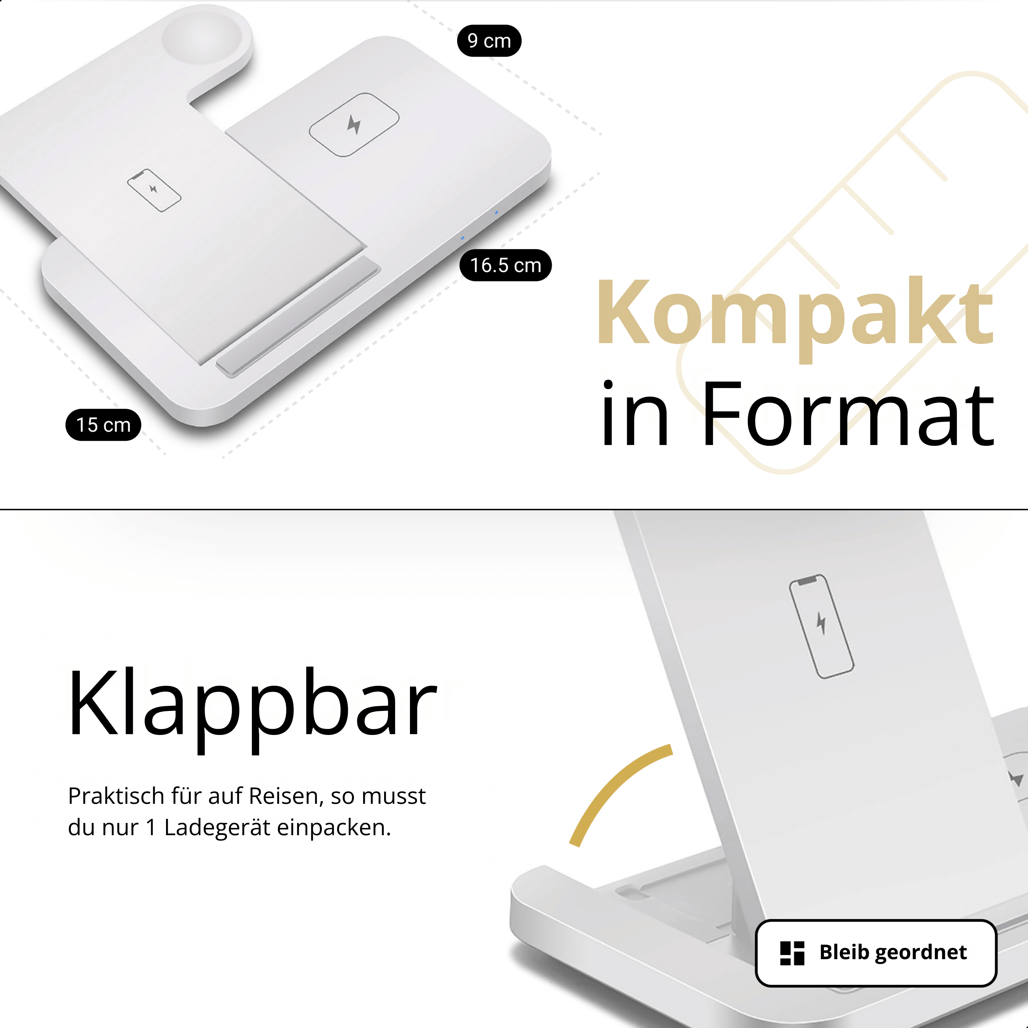 Weißes kabelloses Ladepad, kompaktes Design, mit deutschen Beschriftungen: Klappbar, Kompakt in Format.