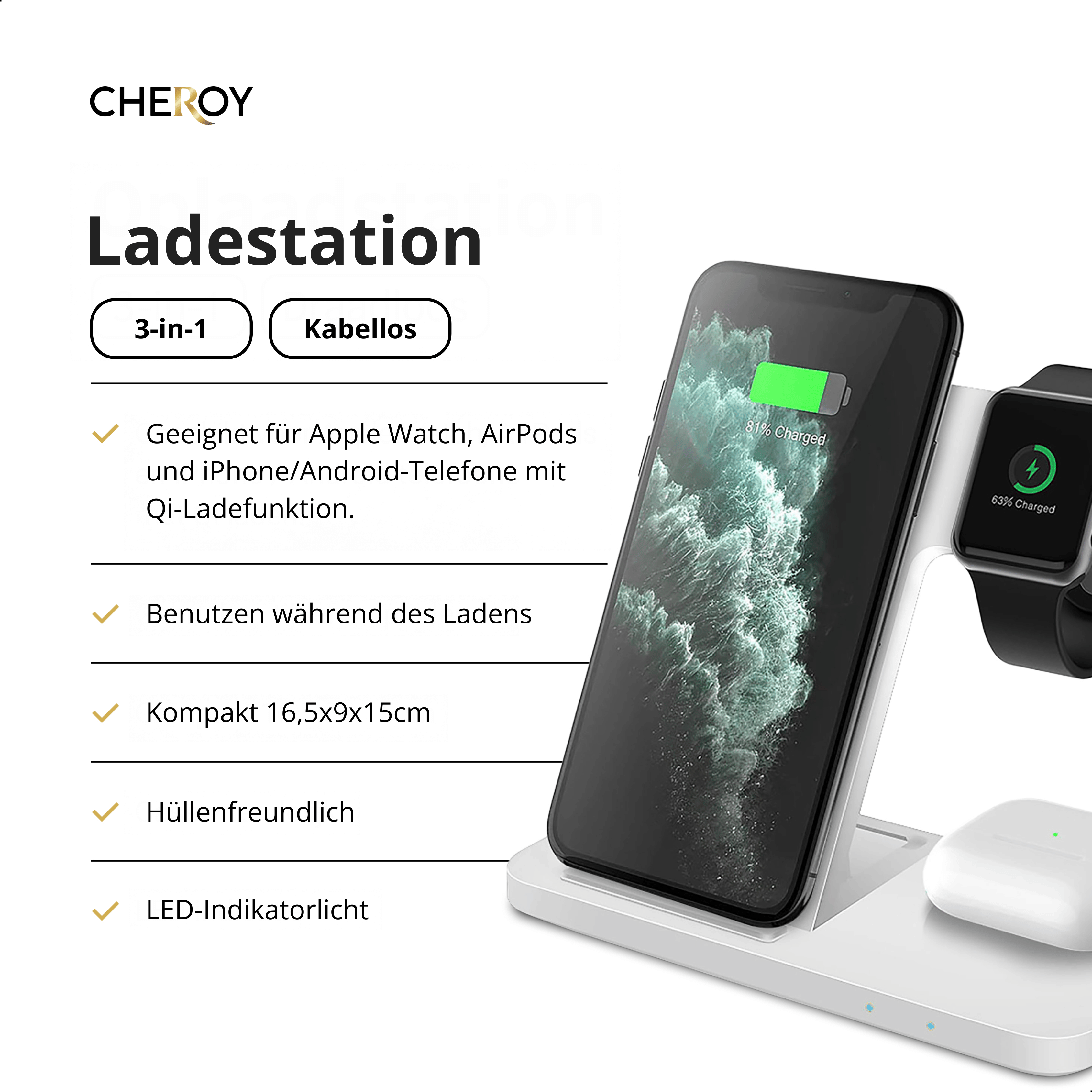 Weiße Ladestation mit Telefon, AirPods und Apple Watch. Texte zum Laden.