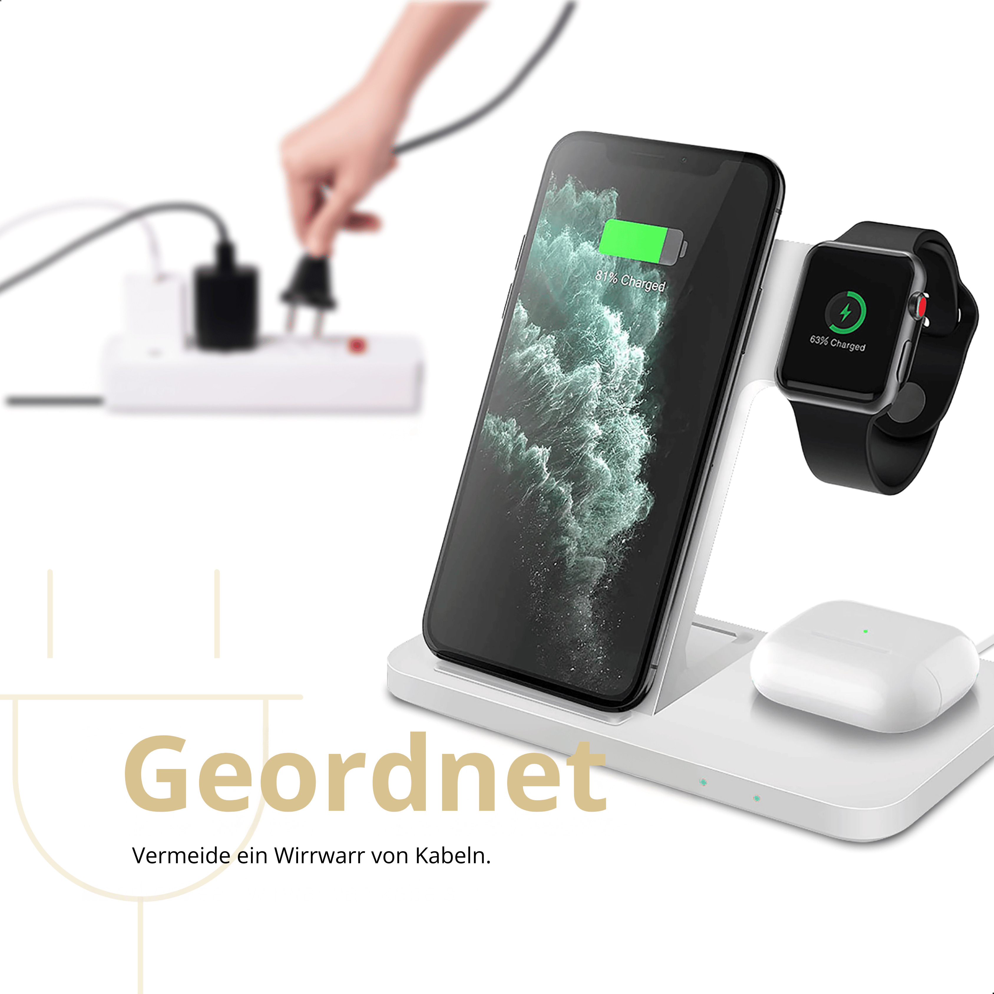 Weiße Ladestation mit Telefon, Uhr und Ohrhörern. Hand, die ein Kabel in der Steckdose im Hintergrund einsteckt.